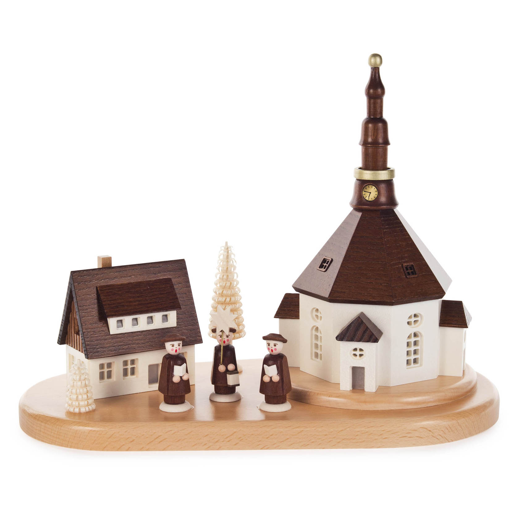 Miniatur eines Dorfes mit Kirche und drei traditionell gekleideten Figuren auf Holzsockel, elektrisch beleuchtet. im Dregeno Online Shop günstig kaufen