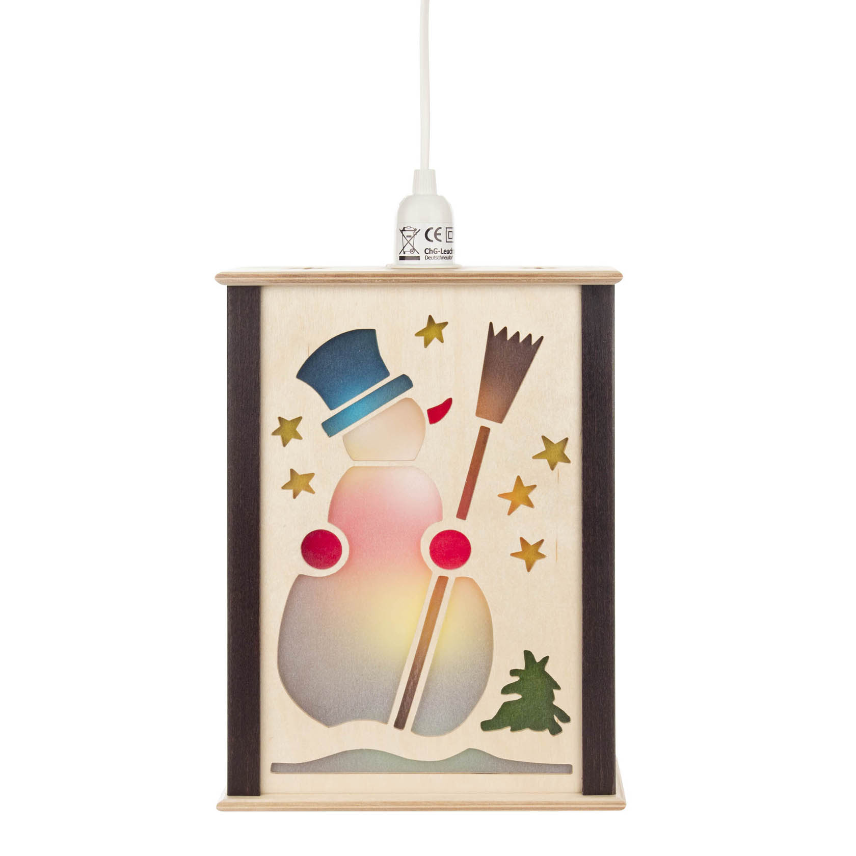 Kleine Fensterlaterne mit einem Nussknacker-Motiv, verziert mit einem Schneemann, Besen und goldenen Sternen. Die Laterne ist beleuchtet. im Dregeno Online Shop günstig kaufen