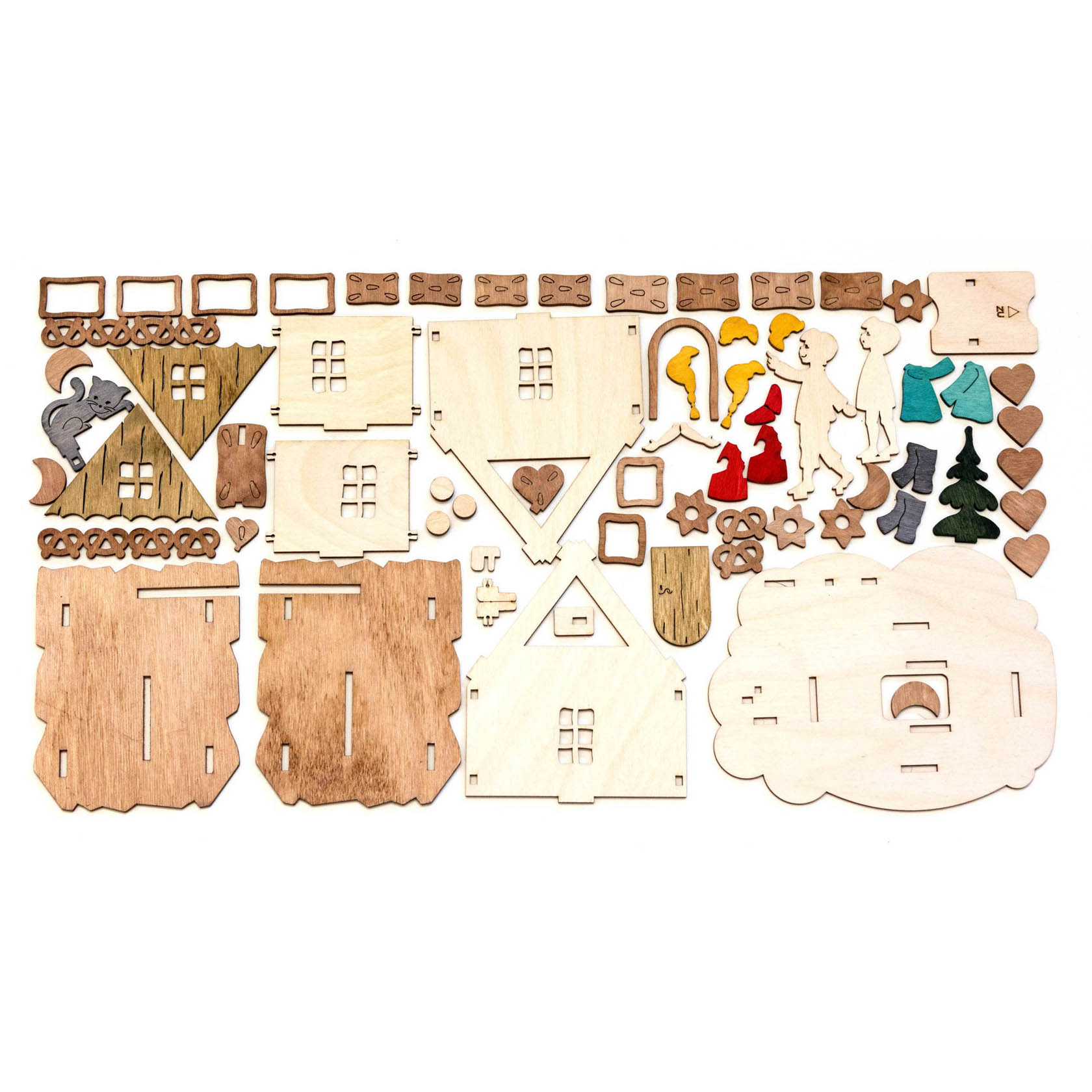 A DIY savings bank kit for 'Hansel and Gretel' with various wooden pieces, including a house, characters, candy shapes, and animals, ready for assembly.