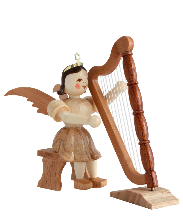 Holzengel mit goldenen Flügeln und Krone, sitzt auf einem Hocker und spielt eine Harfe. im Dregeno Online Shop günstig kaufen