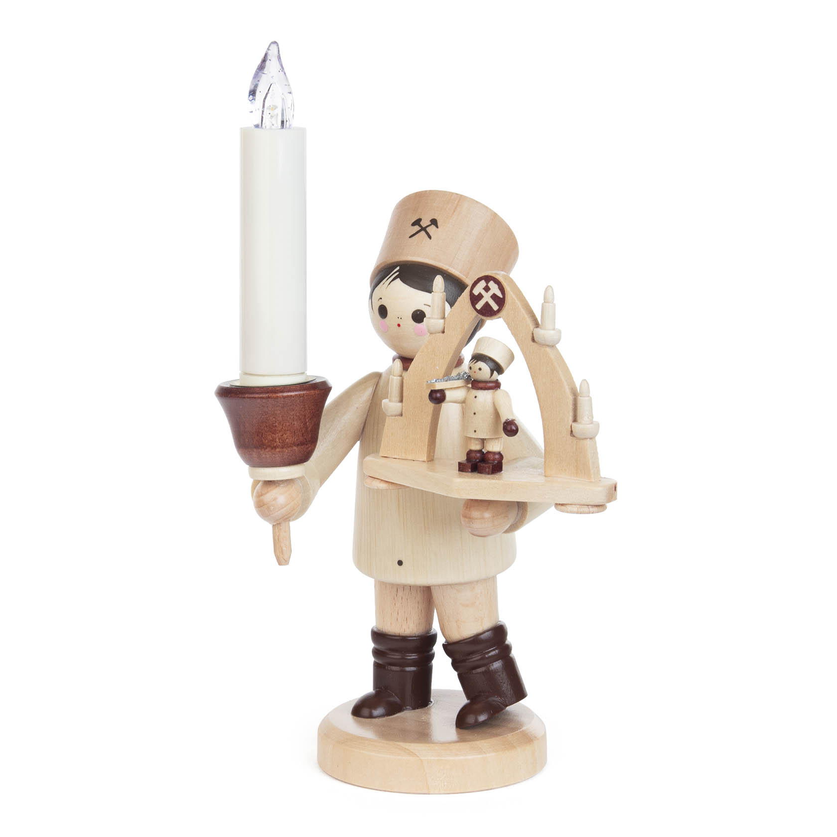 Wooden miner figure holding a Schwibbogen with a LUMIX LED candle, adorned with a miner's hat and boots, in a handcrafted style.
