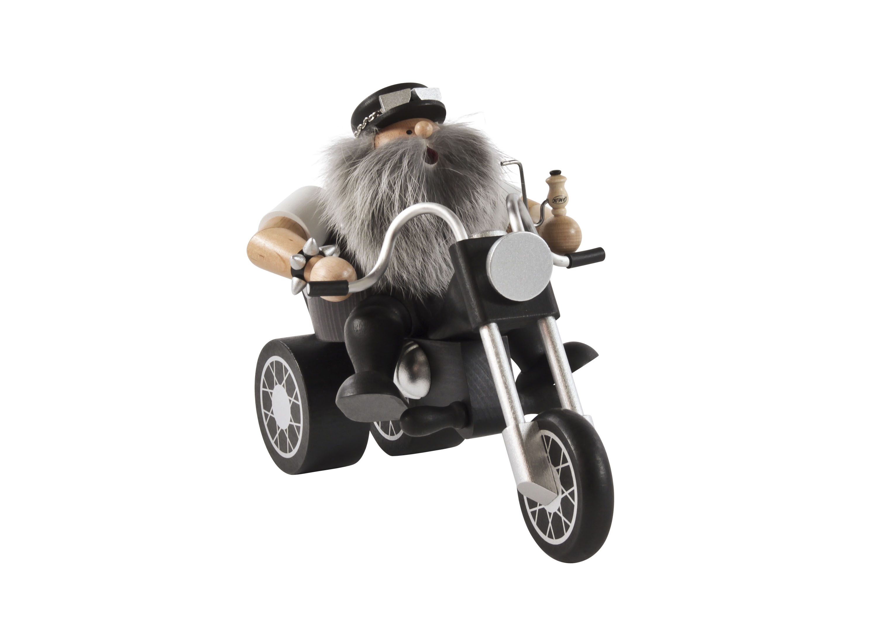 Ein 15 cm großer Räuchermann in Gestalt eines Bikers mit grauem Bart und schwarzer Biker-Kleidung, sitzend auf einem Motorrad und eine Pfeife haltend. im Dregeno Online Shop günstig kaufen