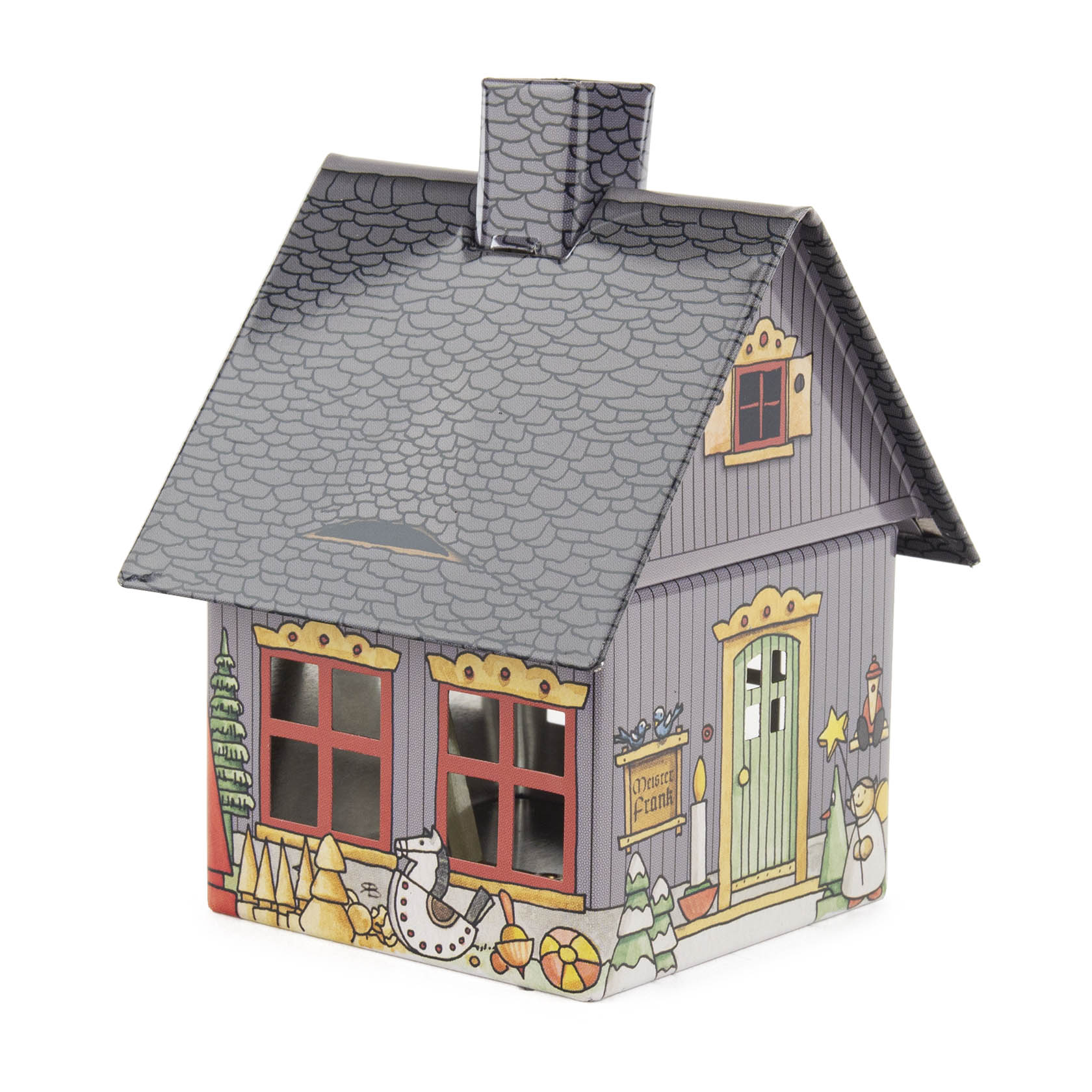 Ein dekoratives Räucherhaus aus Metall in Form eines Spielzeugmacherhauses. Das Haus hat rote Fensterrahmen, einen Schornstein und bunte Details. im Dregeno Online Shop günstig kaufen