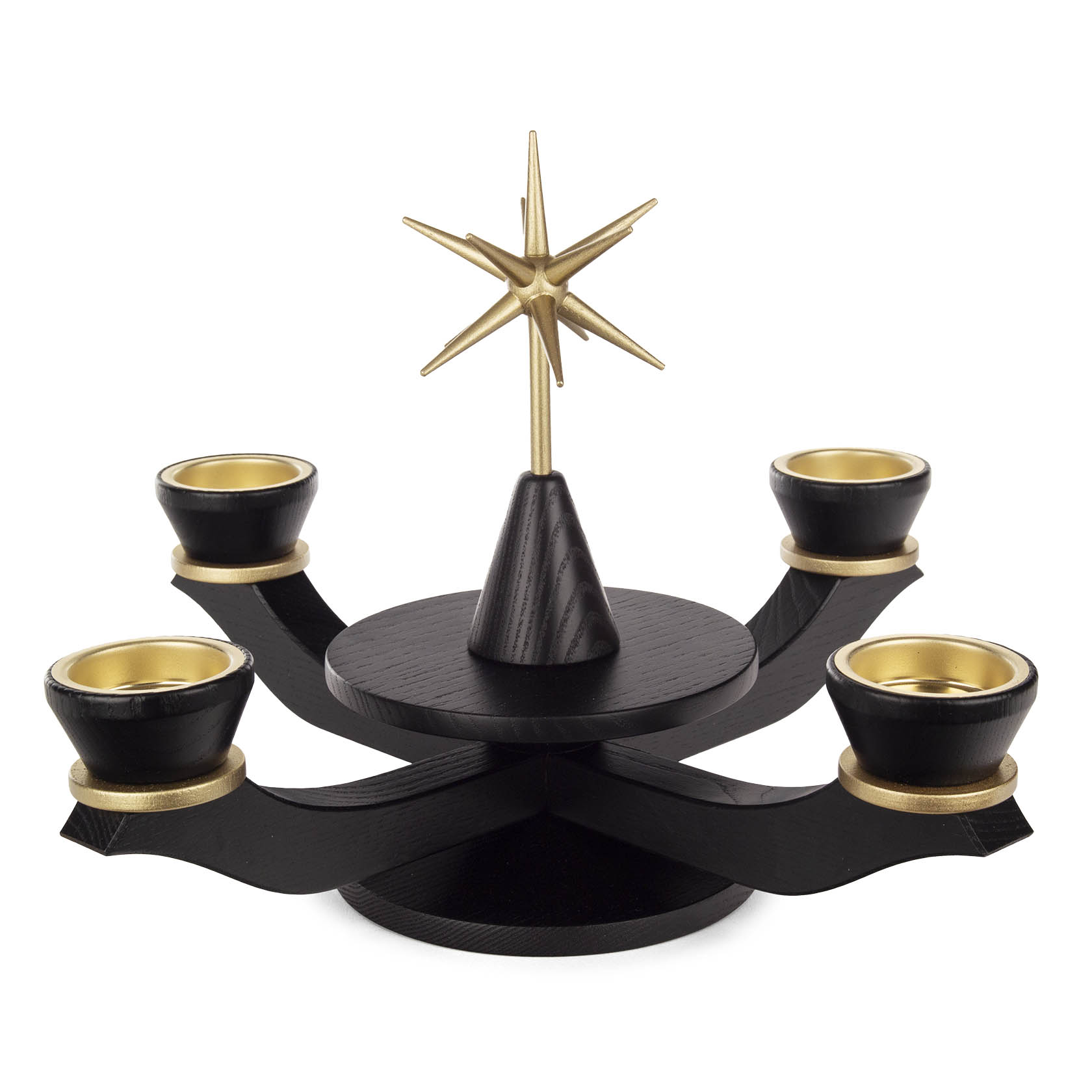 A wooden Advent candle holder made of black-stained ash featuring a central gold star on a cone, surrounded by four candle holders for tealights. im Dregeno Online Shop günstig kaufen