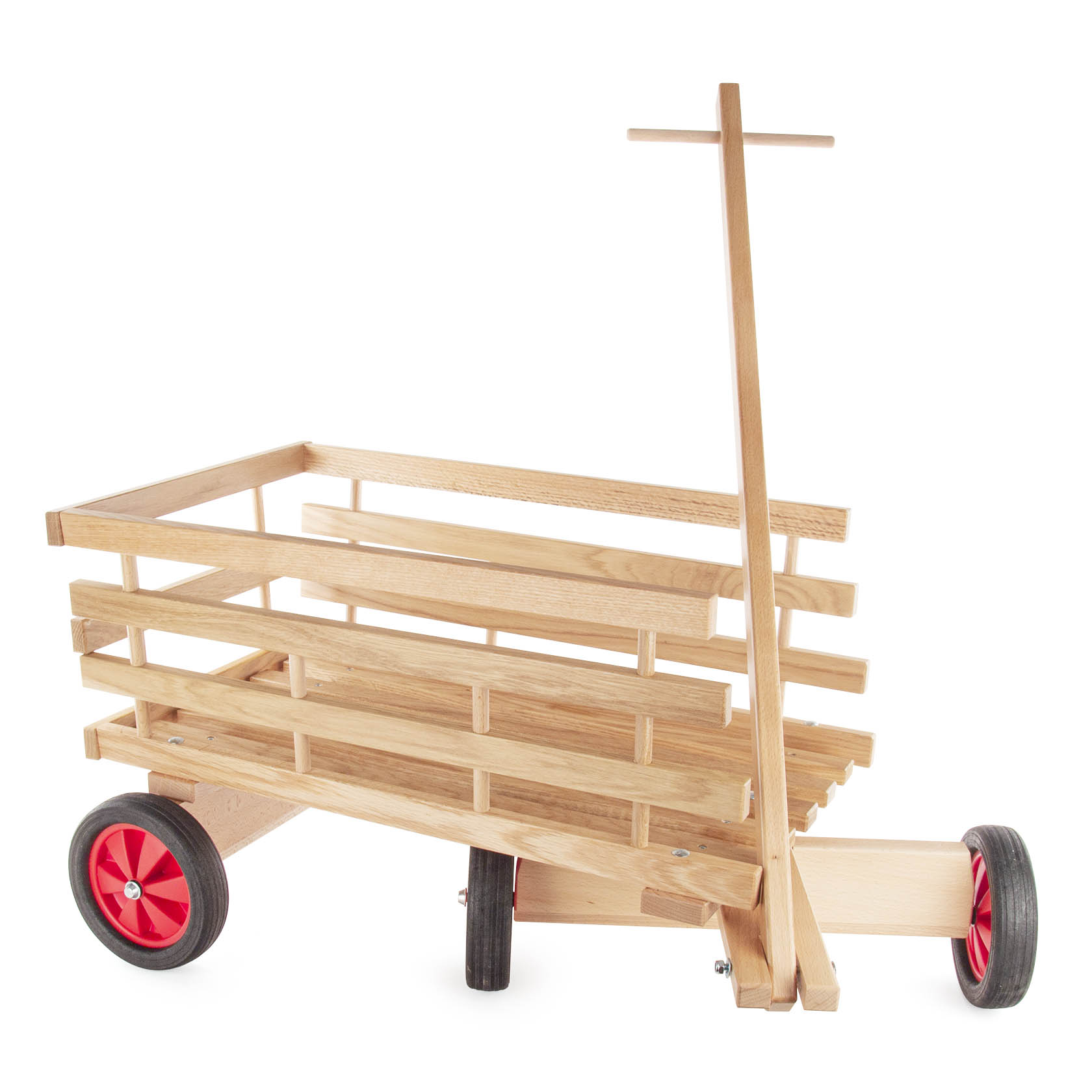 Ein großer Holzleiterwagen mit roten Kunststoffrädern und einem langen Holzhandgriff. im Dregeno Online Shop günstig kaufen