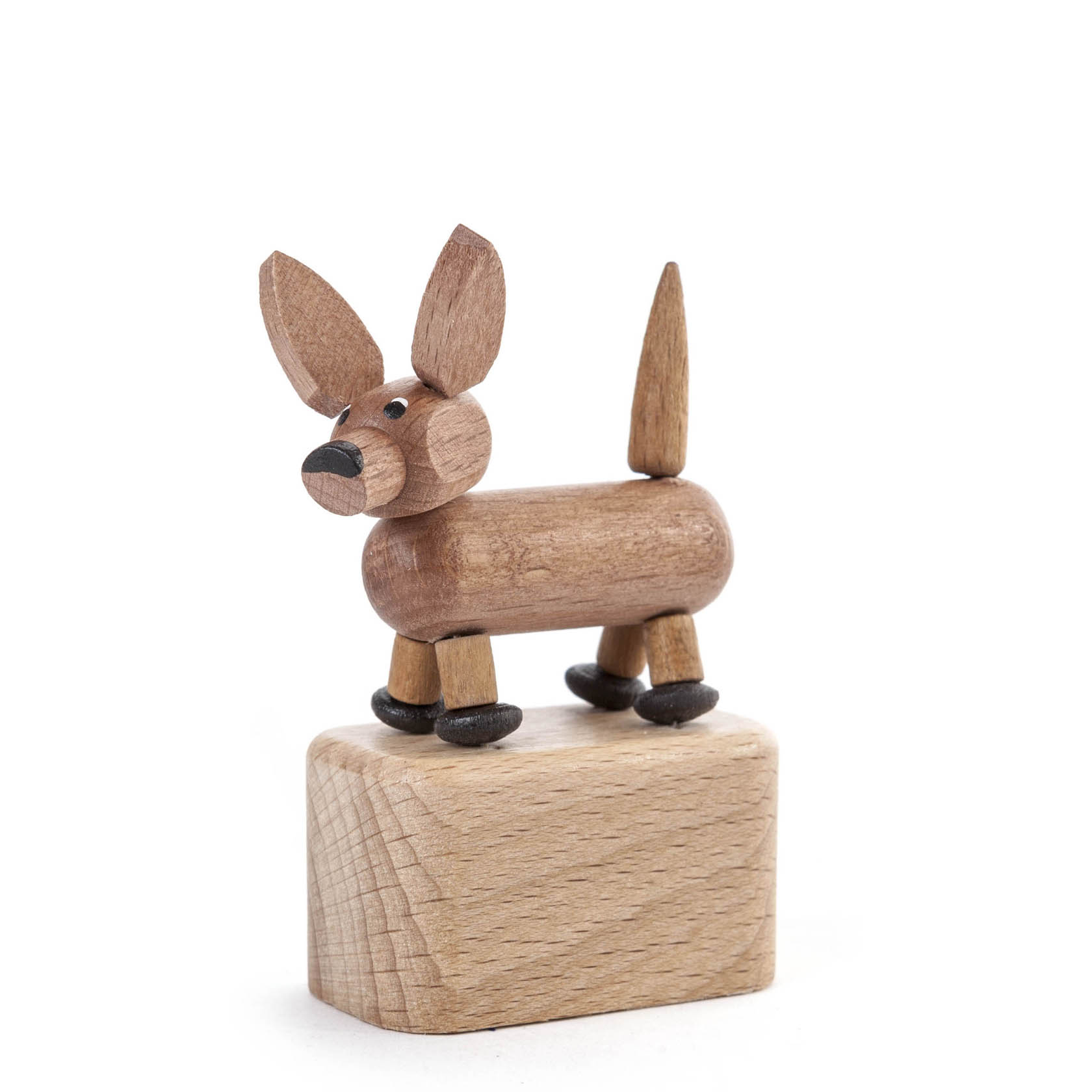 Holzspielzeug besteht aus einem Dackel mit wackelbarem Kopf auf einem Holzboden. Der Dackel hat bewegliche Holzteile und wirkt freundlich. im Dregeno Online Shop günstig kaufen