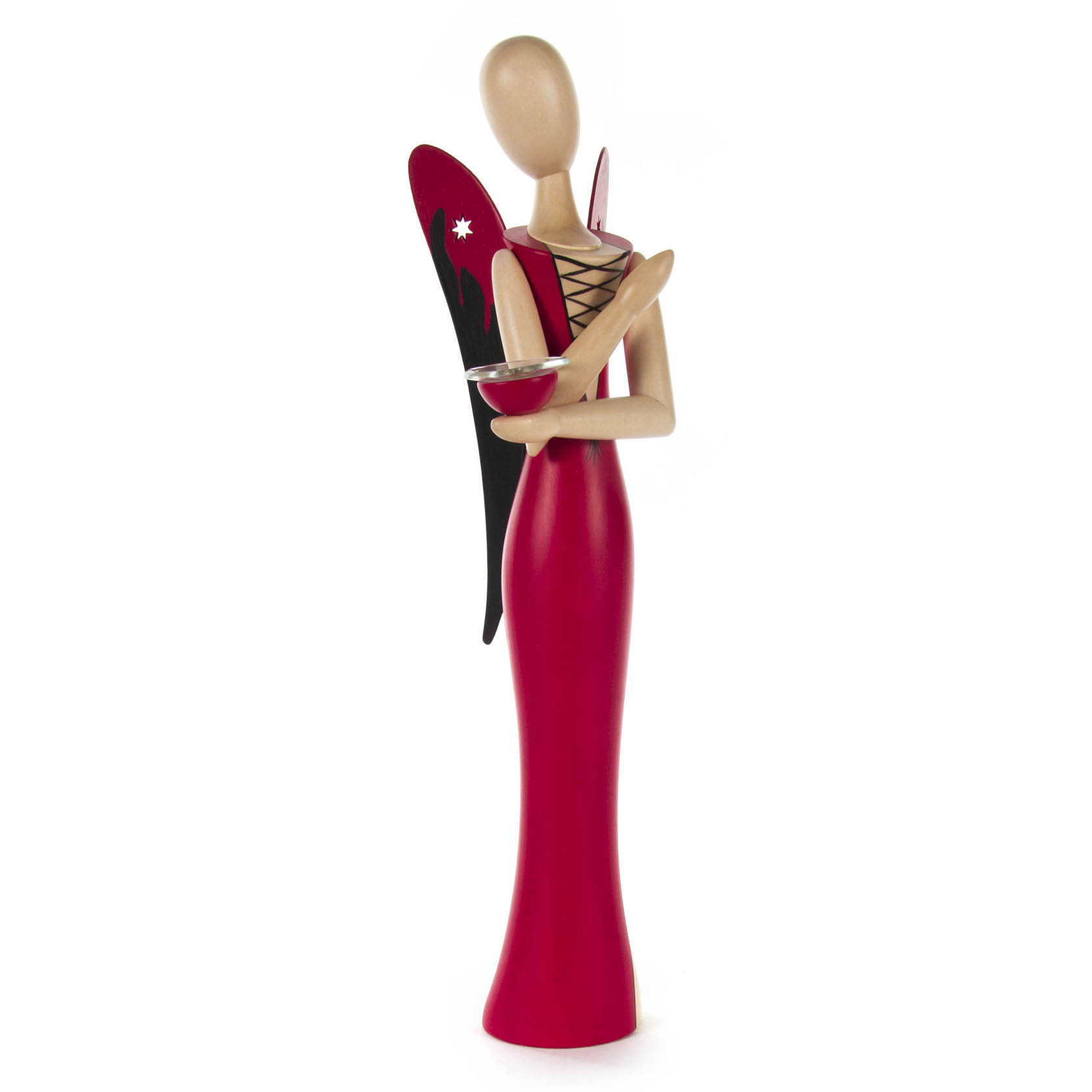 Holzfigur einer stilisierten Engel-Dame in rotem Kleid mit schwarzem Rückenschnürmuster. Sie hält einen Kerzenhalter mit kleinem Stern-Dekor. im Dregeno Online Shop günstig kaufen