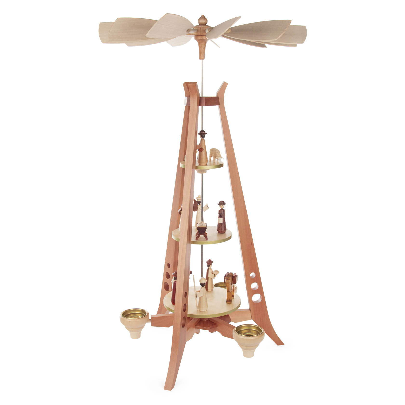 Holzpyramide mit drei Ebenen, dargestellt ist die Geburt Christi mit Figuren. Angetrieben durch Teelichter und 14mm Kerzen im mid-century modern Stil.