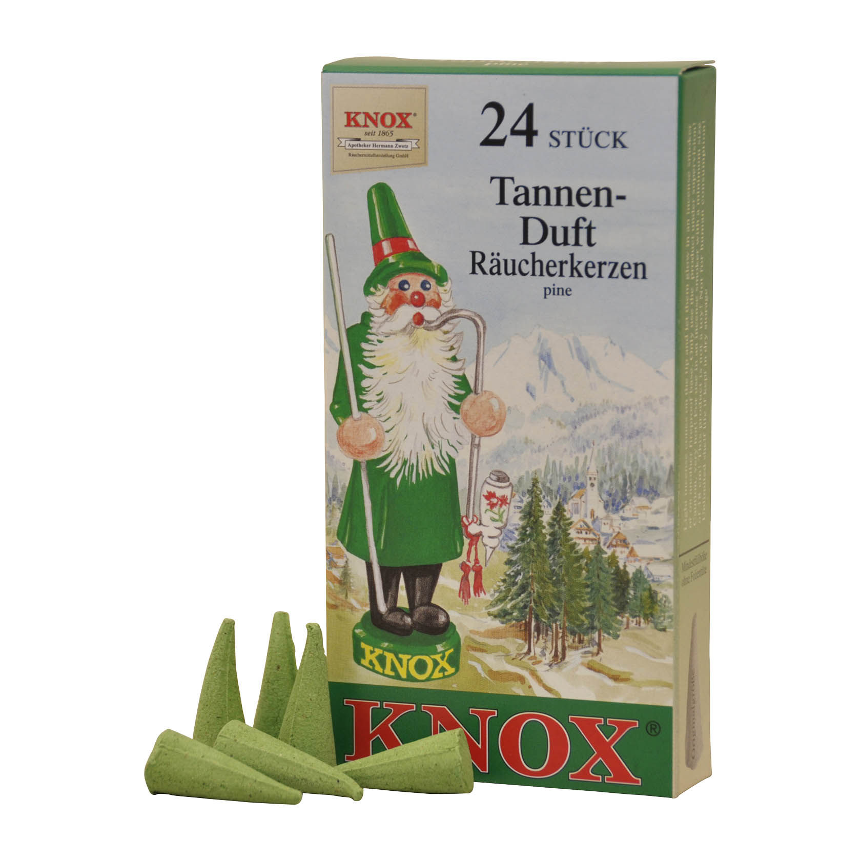 Verpackung der KNOX Räucherkerzen mit Tannenduft, illustriert mit einem Weihnachtsmann in grün. Drei grüne Räucherkerzen, zwei brennend, davor. im Dregeno Online Shop günstig kaufen