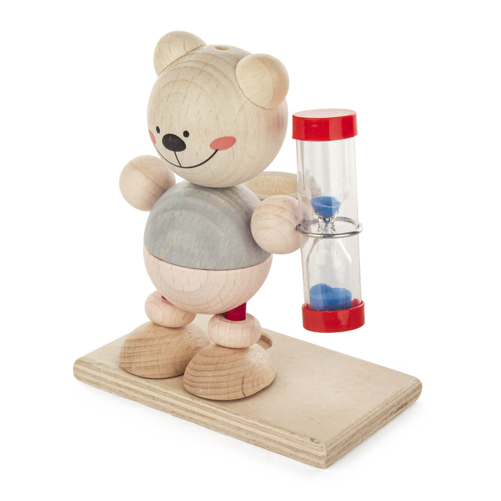 Holzfigur eines lächelnden Bären mit Sanduhr in der Hand auf einer kleinen Holzplattform. im Dregeno Online Shop günstig kaufen