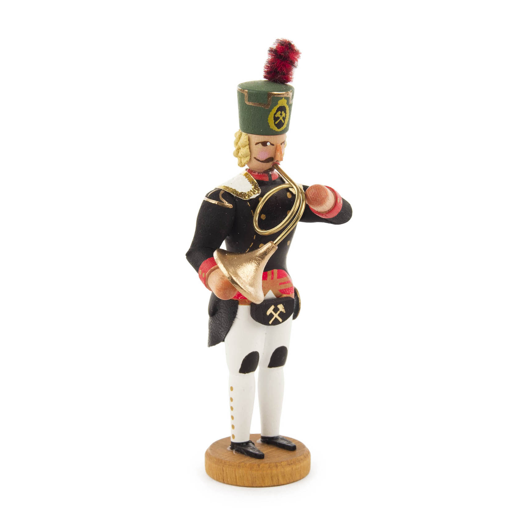 Holzfigur eines Bergmanns in traditioneller Uniform, der ein Waldhorn hält. Die Figur hat blonde Haare und einen schwarzen Hut mit rotem Federbusch. im Dregeno Online Shop günstig kaufen