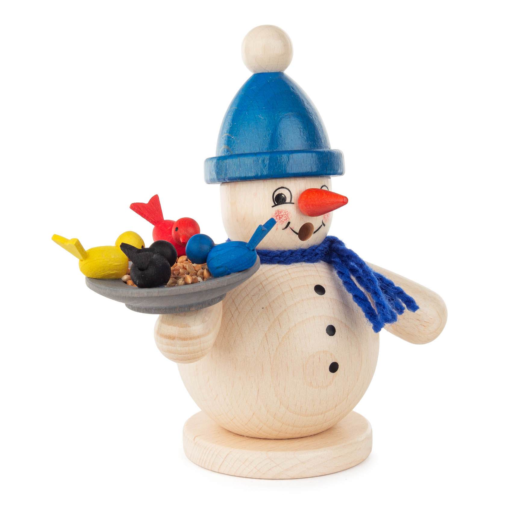 Räuchermann Schneemann mit Vögeln blaue Pudelmütze