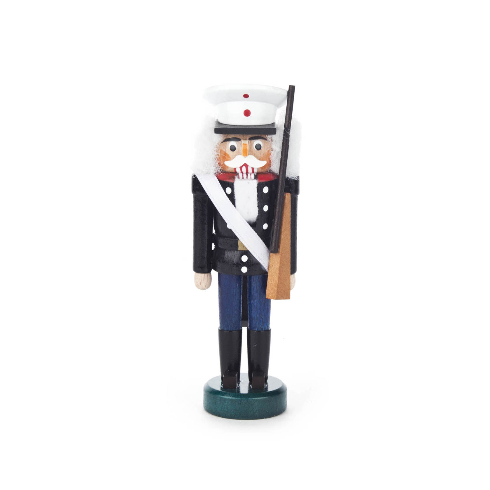 Nussknacker in Form eines US-Soldaten mit schwarzer Uniform und blauer Hose. Der Soldat hat einen weißen Schnurrbart, trägt einen Säbel und eine Mütze. im Dregeno Online Shop günstig kaufen
