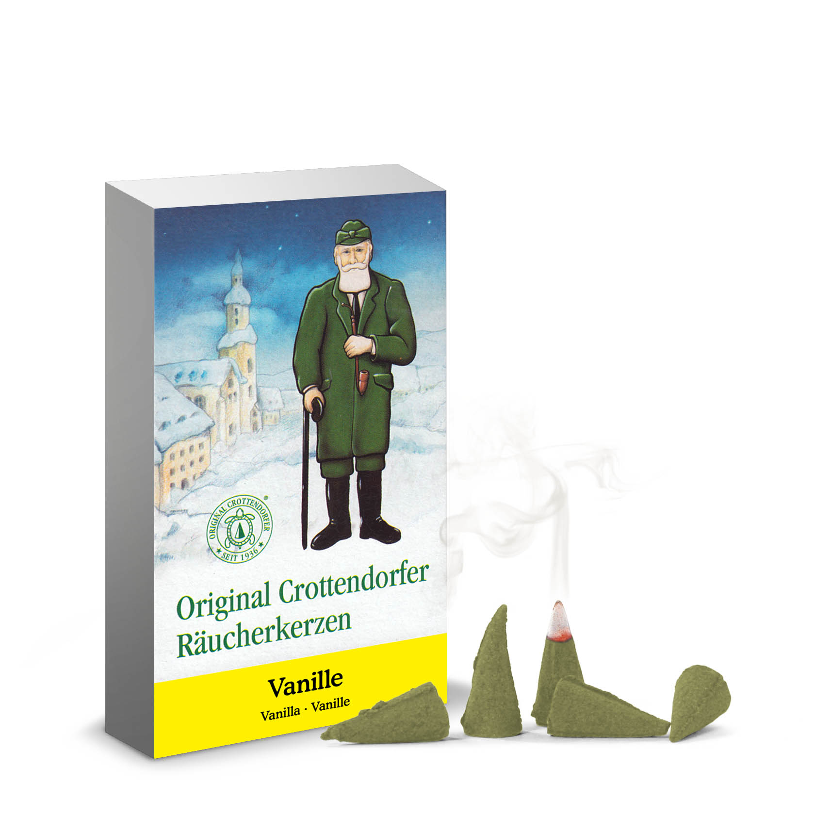 Verpackung der Crottendorfer Räucherkerzen mit Vanilleduft. Verpackung zeigt eine winterliche Szene mit einem Mann und mehrere angezündete Räucherkerzen. im Dregeno Online Shop günstig kaufen