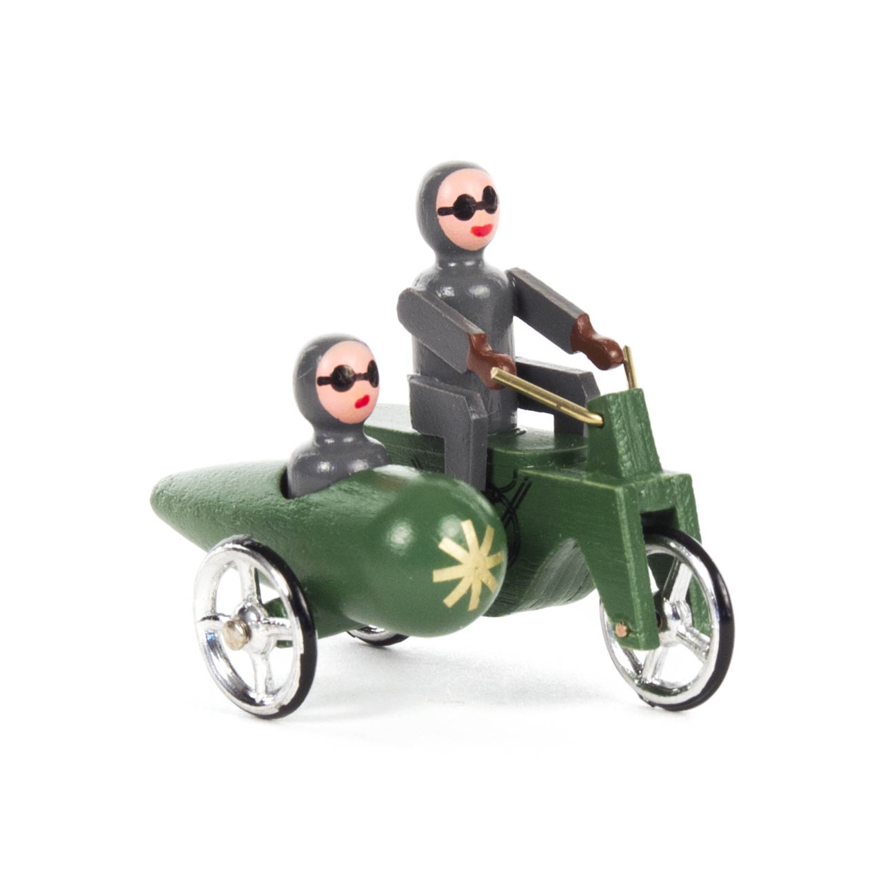 Grünes Miniatur-Motorrad mit Seitenwagen, bemannten Figuren in grauen Anzügen und roten Helmen, die eine Retro-Gesichtsbrille tragen. im Dregeno Online Shop günstig kaufen
