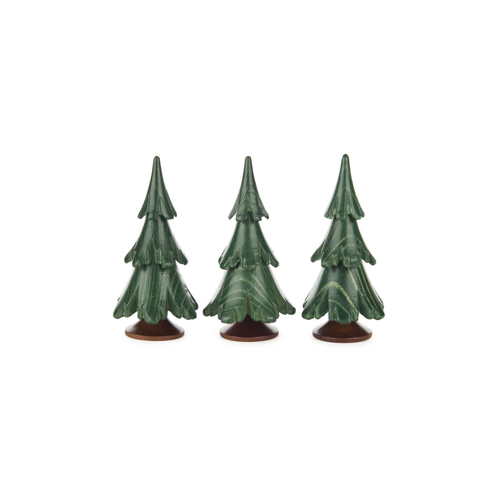 Drei kleine grüne Tannenbäume aus massivem Holz, jede etwa 6,5 cm hoch, aufgereiht in einer Linie. im Dregeno Online Shop günstig kaufen
