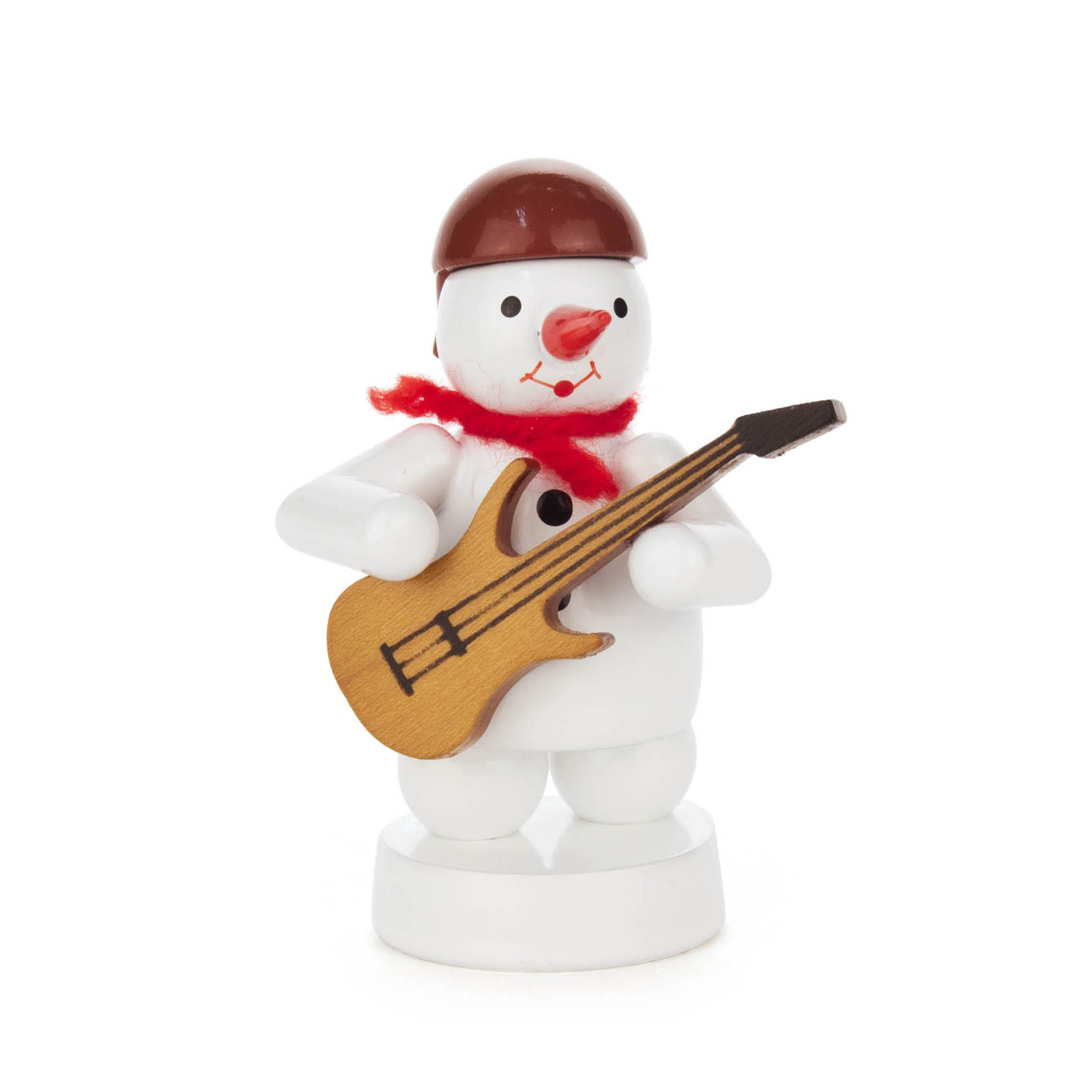 Dekorative Schneemannfigur mit rotem Schal und braunem Helm hält E-Gitarre, posierend als Musiker. im Dregeno Online Shop günstig kaufen