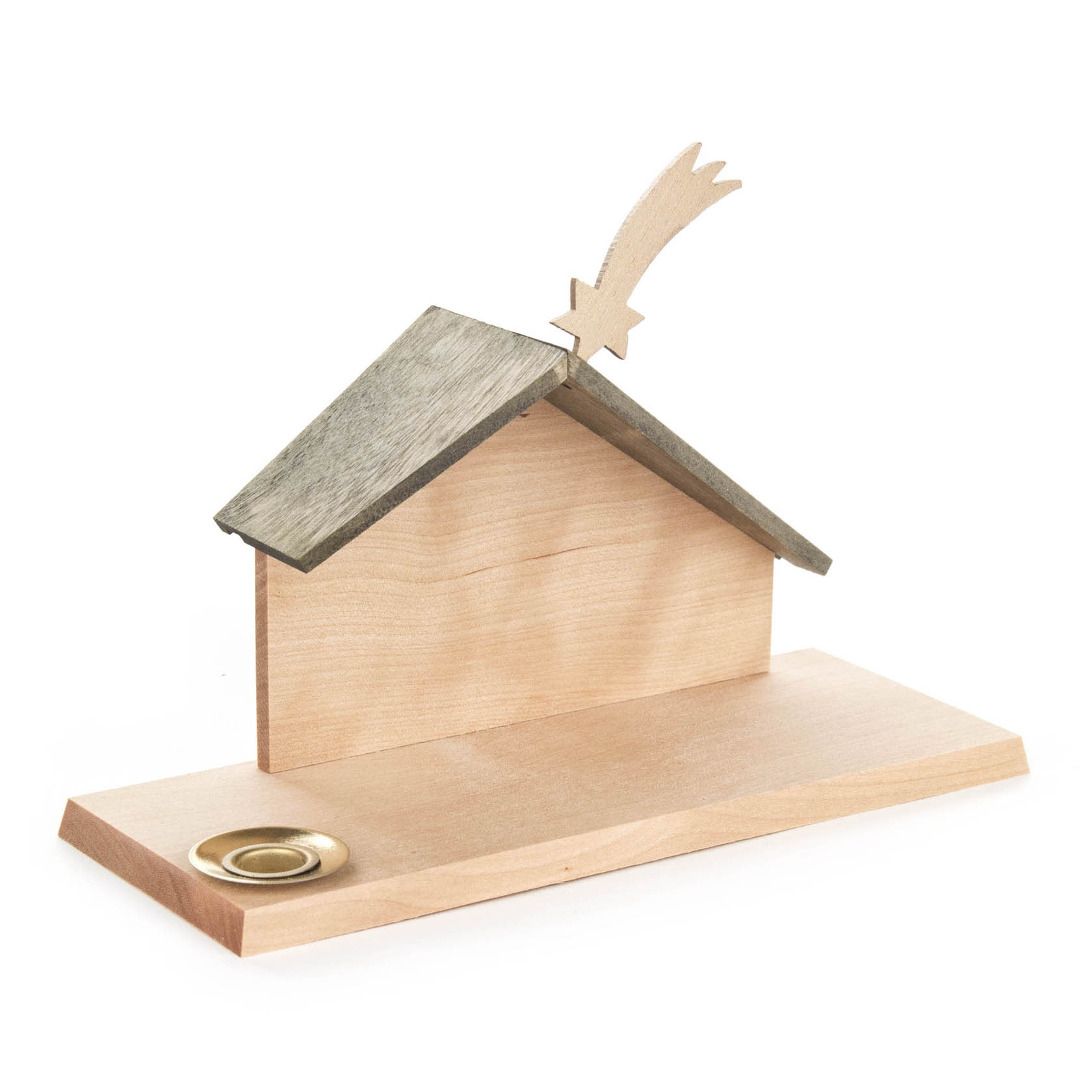 Holzkrippe mit schlichter Hütte, Stern und Kerzenhalter, ohne Figuren.