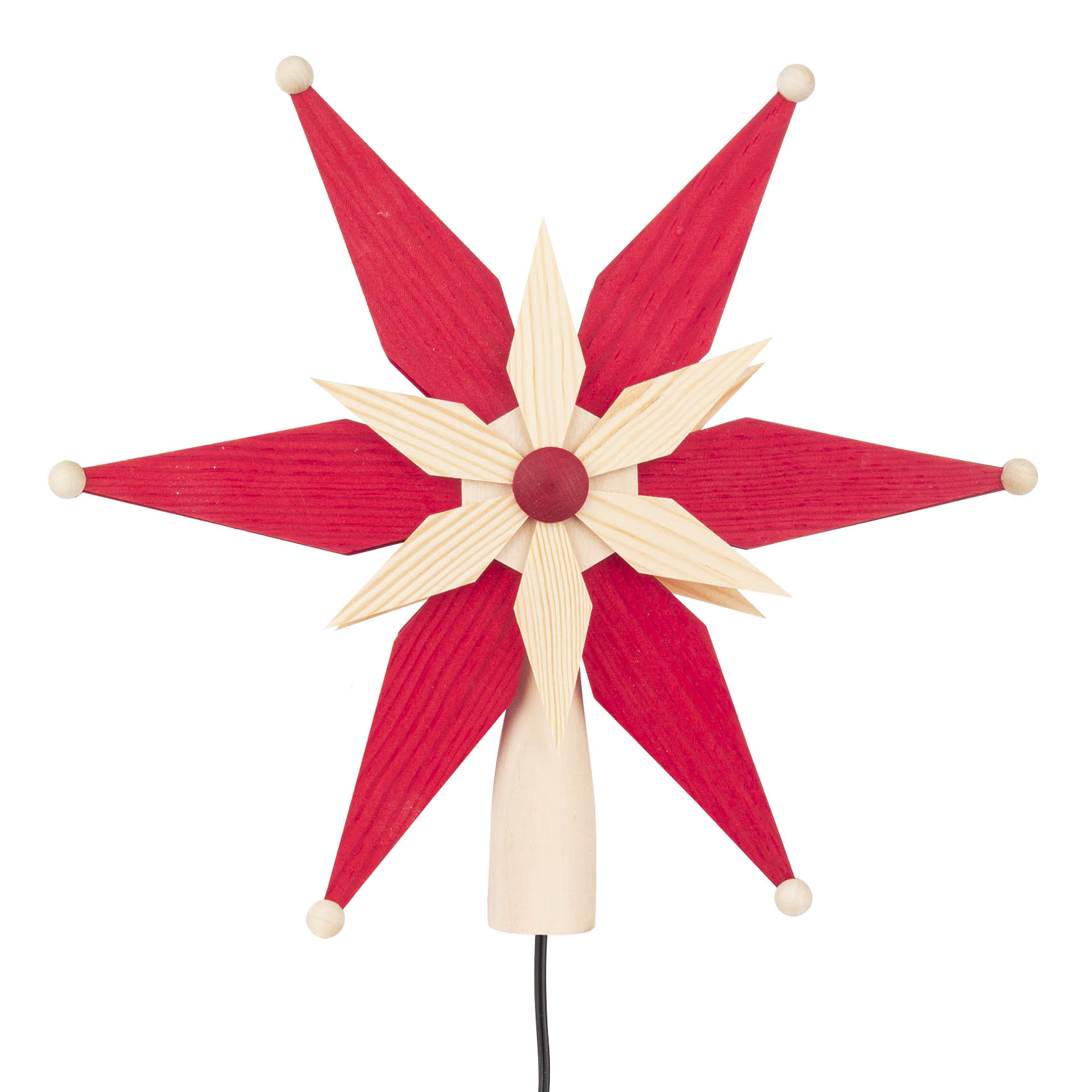 Rote und naturfarbene Christbaumspitze in Sternform, 25 cm groß, mit elektrischer Beleuchtung. im Dregeno Online Shop günstig kaufen