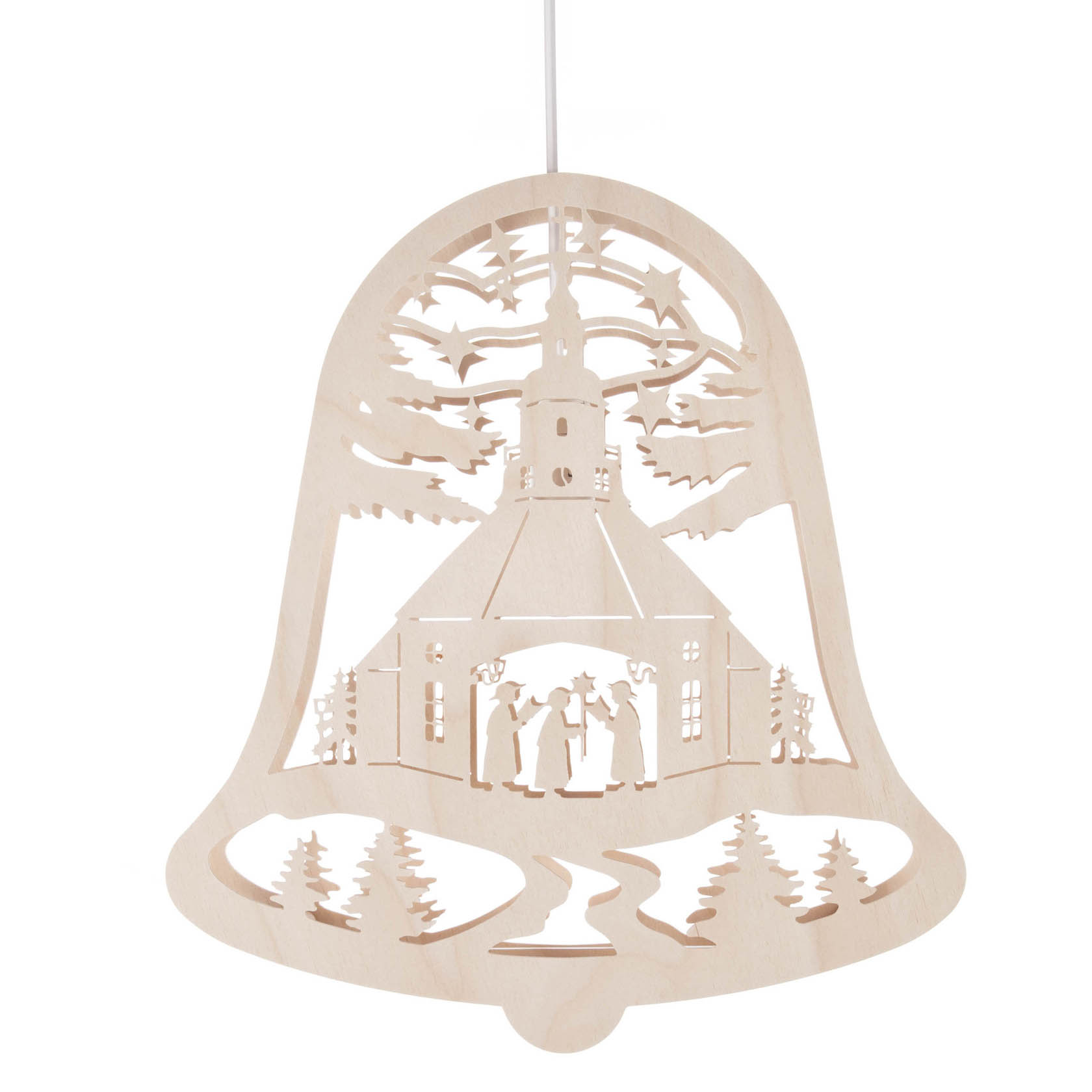 Holzfensterbild in Form einer Glocke, zeigt die Seiffener Kirche und eine elektrische Beleuchtung, umgeben von Bäumen und Sternen im oberen Bereich. im Dregeno Online Shop günstig kaufen