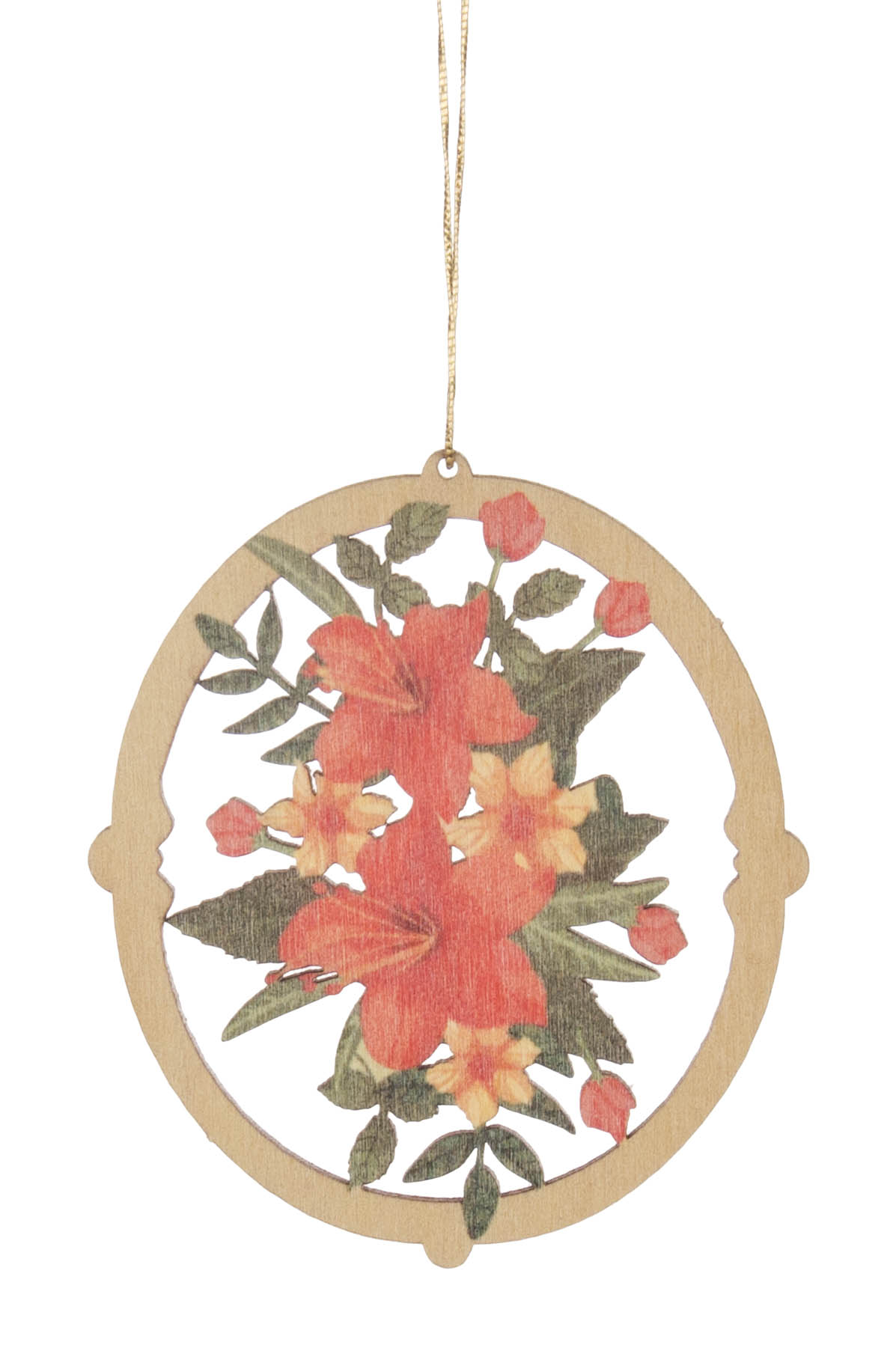 Holzschild mit roten und gelben Hibiskusblüten in einem runden Rahmen mit Aufhängung. im Dregeno Online Shop günstig kaufen