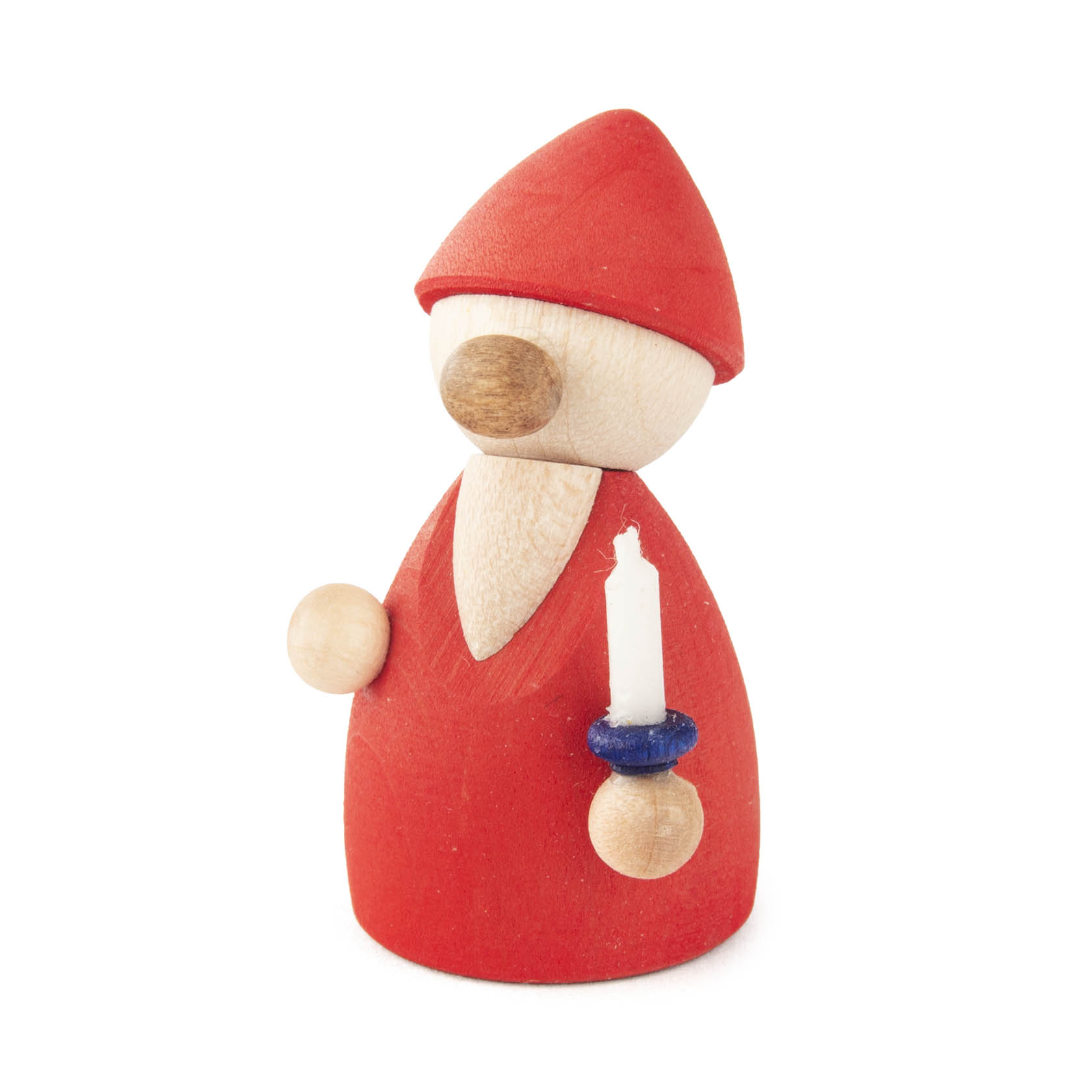 Holzfigur eines rot gekleideten Wichtels mit roter Mütze, hält eine kleine Kerze in der Hand. im Dregeno Online Shop günstig kaufen