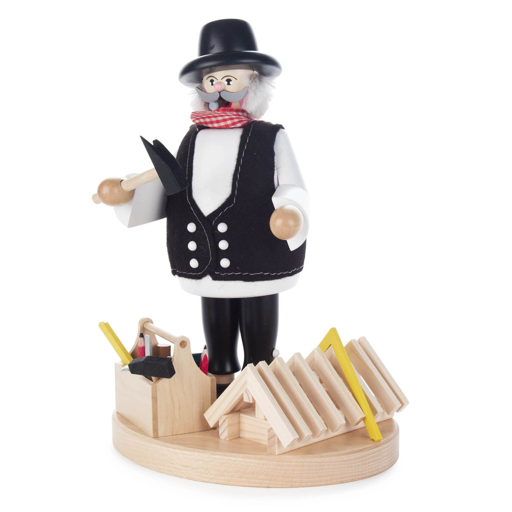 Holzfigur eines Zimmermanns als Räuchermann mit schwarzem Hut, Weste, weißen Hemd, roten Halstuch und Zimmermannswerkzeugen wie Hammer und Winkel. im Dregeno Online Shop günstig kaufen