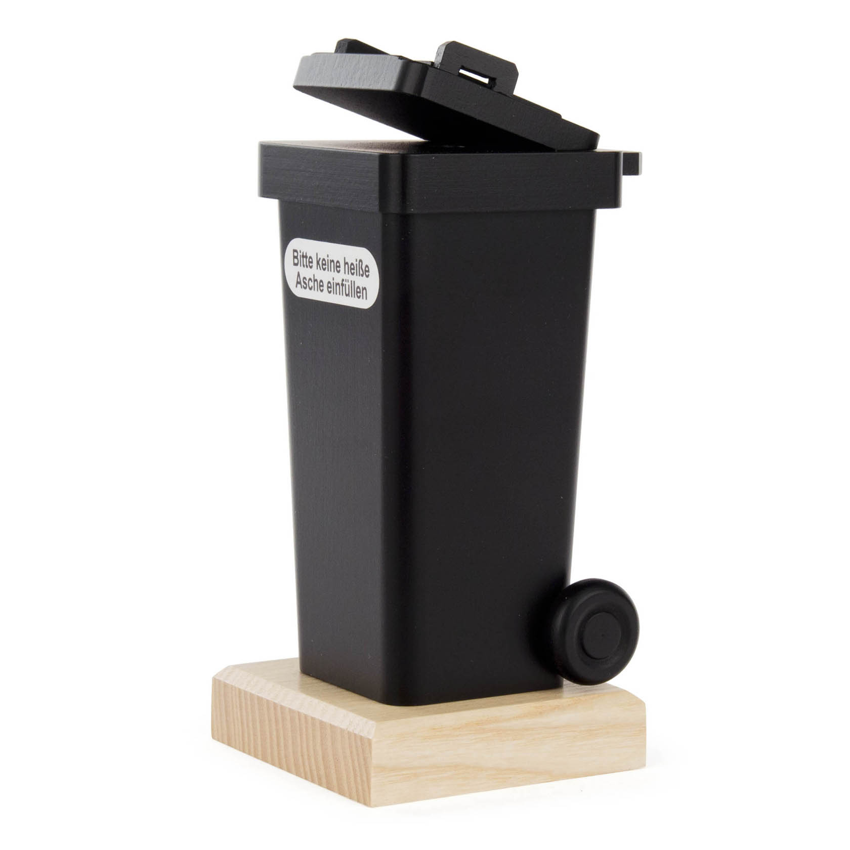 Schwarze Räucherfigur in Form einer Mülltonne mit geöffnetem Deckel und der Aufschrift 'Bitte keine heiße Asche einfüllen'. im Dregeno Online Shop günstig kaufen