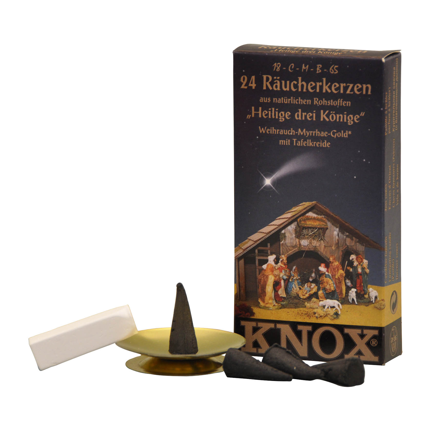 Verpackung von KNOX Räucherkerzen 'Heilige drei Könige'. Neben der Schachtel liegen vier konische grüne Räucherkerzen und eine kleine Glimmschale. im Dregeno Online Shop günstig kaufen