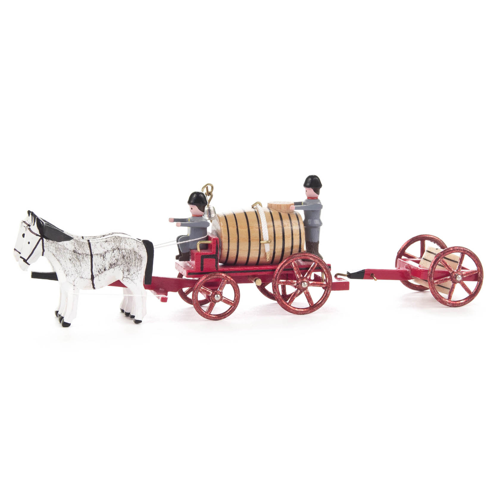 Ein traditionelles Holzspielzeug-Gespann: ein Pferd zieht einen Wasserwagen mit Holzfass und zwei Figuren. Am Wagen ist ein kleines zweirädriges Anhängsel befestigt. im Dregeno Online Shop günstig kaufen