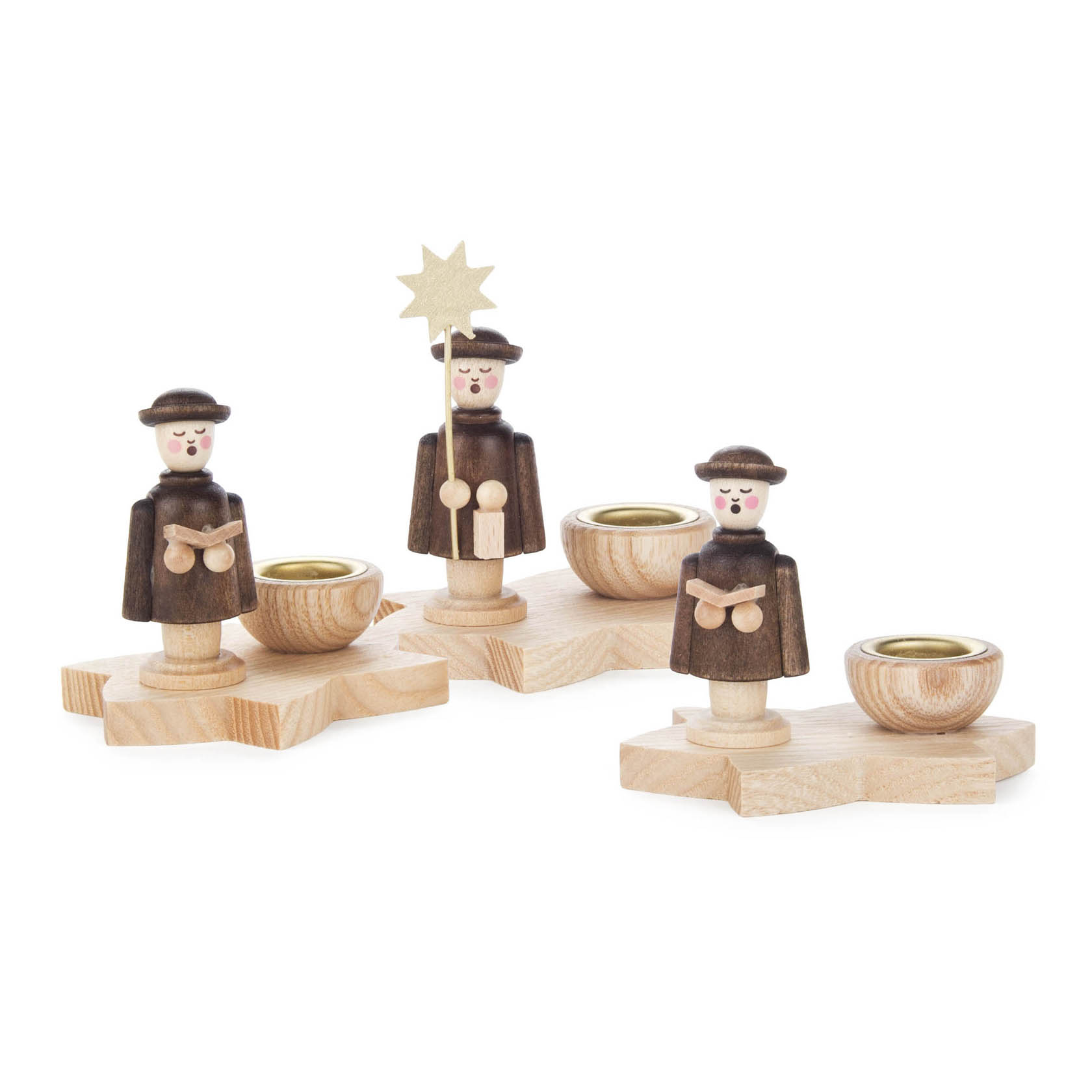 Satz von drei Holz-Kerzenhaltern in Form von Kurrendefiguren, jede Figur hält ein goldenes Accessoire und steht auf einem sternförmigen Sockel. im Dregeno Online Shop günstig kaufen