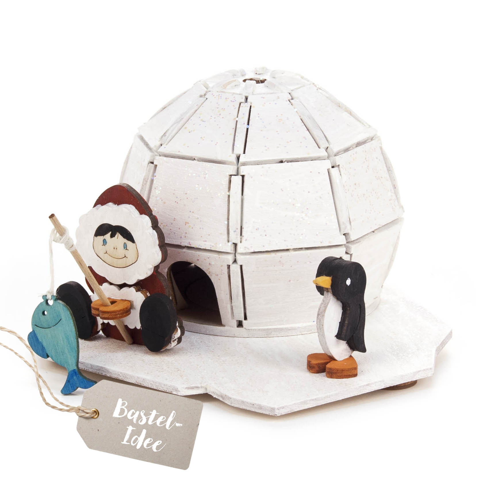 A small handcrafted igloo incense burner set featuring an Igloo, a penguin, a seated figure dressed as an Inuit holding a fishing rod with a fish. im Dregeno Online Shop günstig kaufen