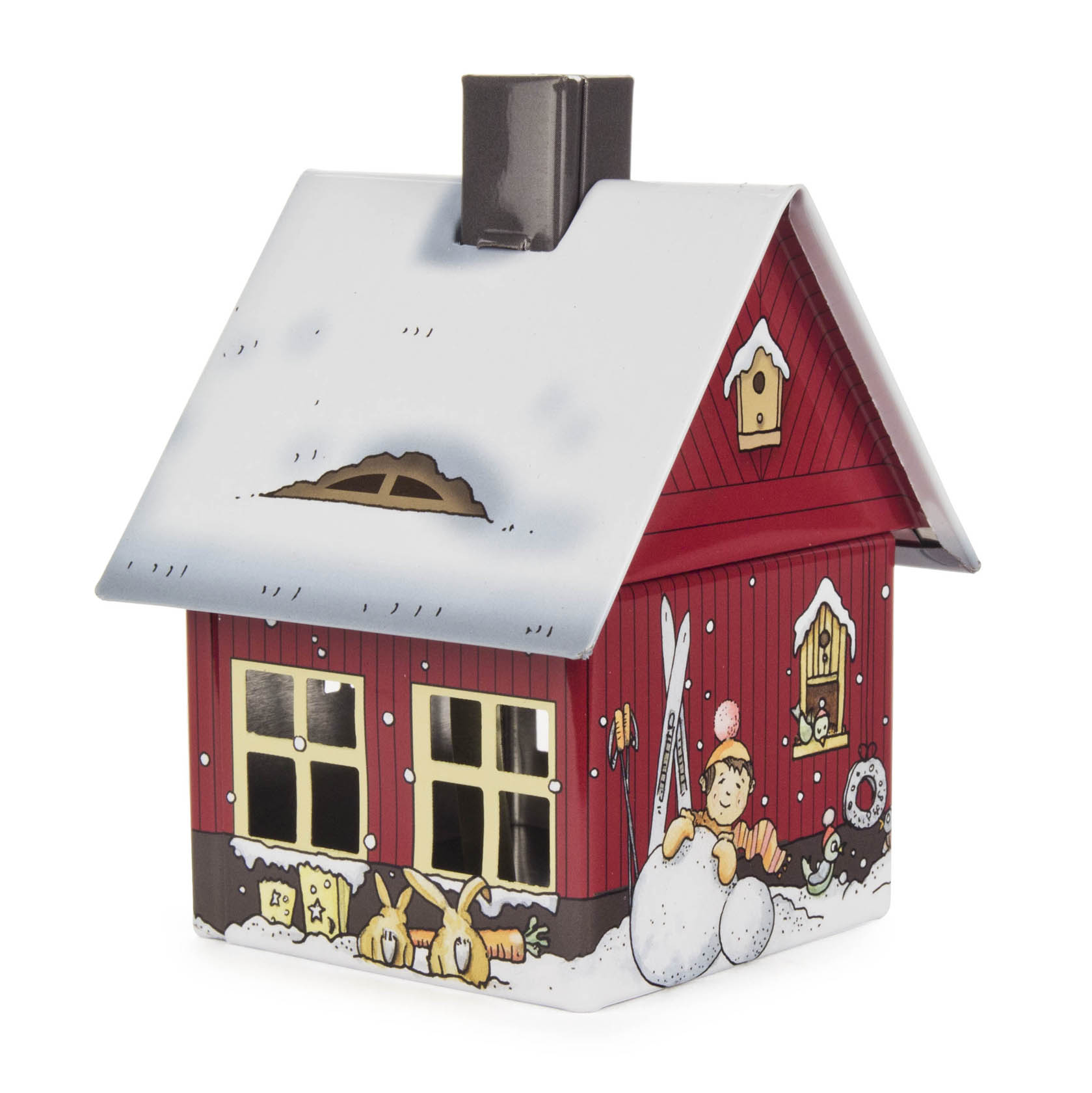 Rotes Metall-Räucherhaus mit Wintermotiv, an der Seite eine Figur mit Skiern und Schneebällen, Schnee bedeckt das Dach.