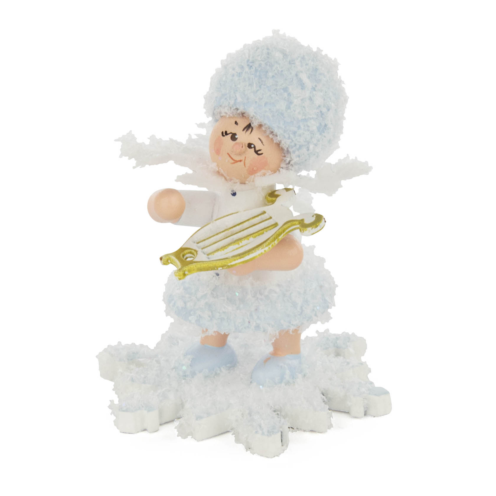 A small figurine of a snowflake character wearing fluffy winter attire, playing a small golden harp while standing on a white snowflake. im Dregeno Online Shop günstig kaufen