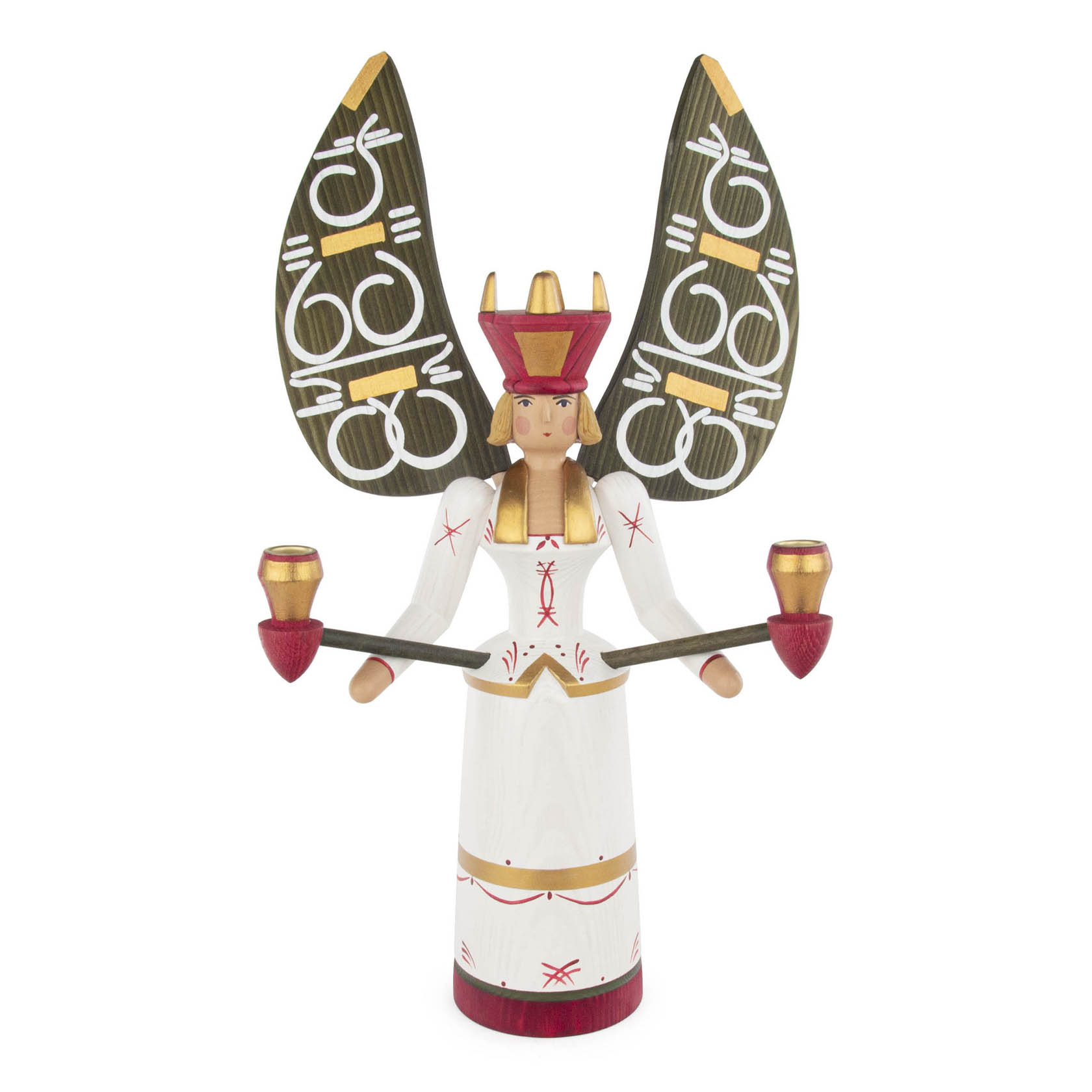 Holzfigur eines Engels mit großen, verzierten Flügeln, in traditioneller Kleidung, hält in jeder Hand eine Kerze. im Dregeno Online Shop günstig kaufen