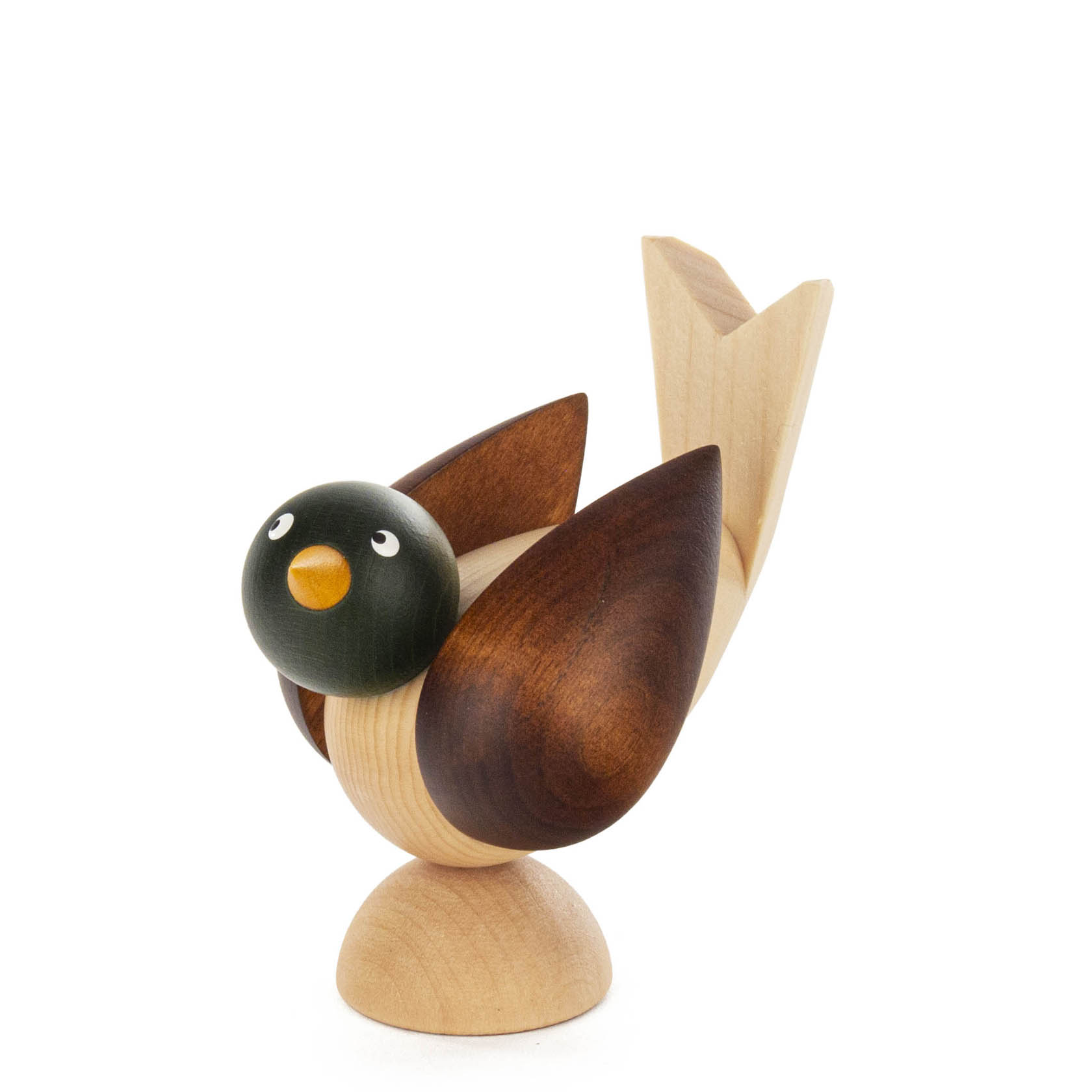 Wooden bird figurine with a natural wood body and colorful wings with a green head and orange beak. im Dregeno Online Shop günstig kaufen