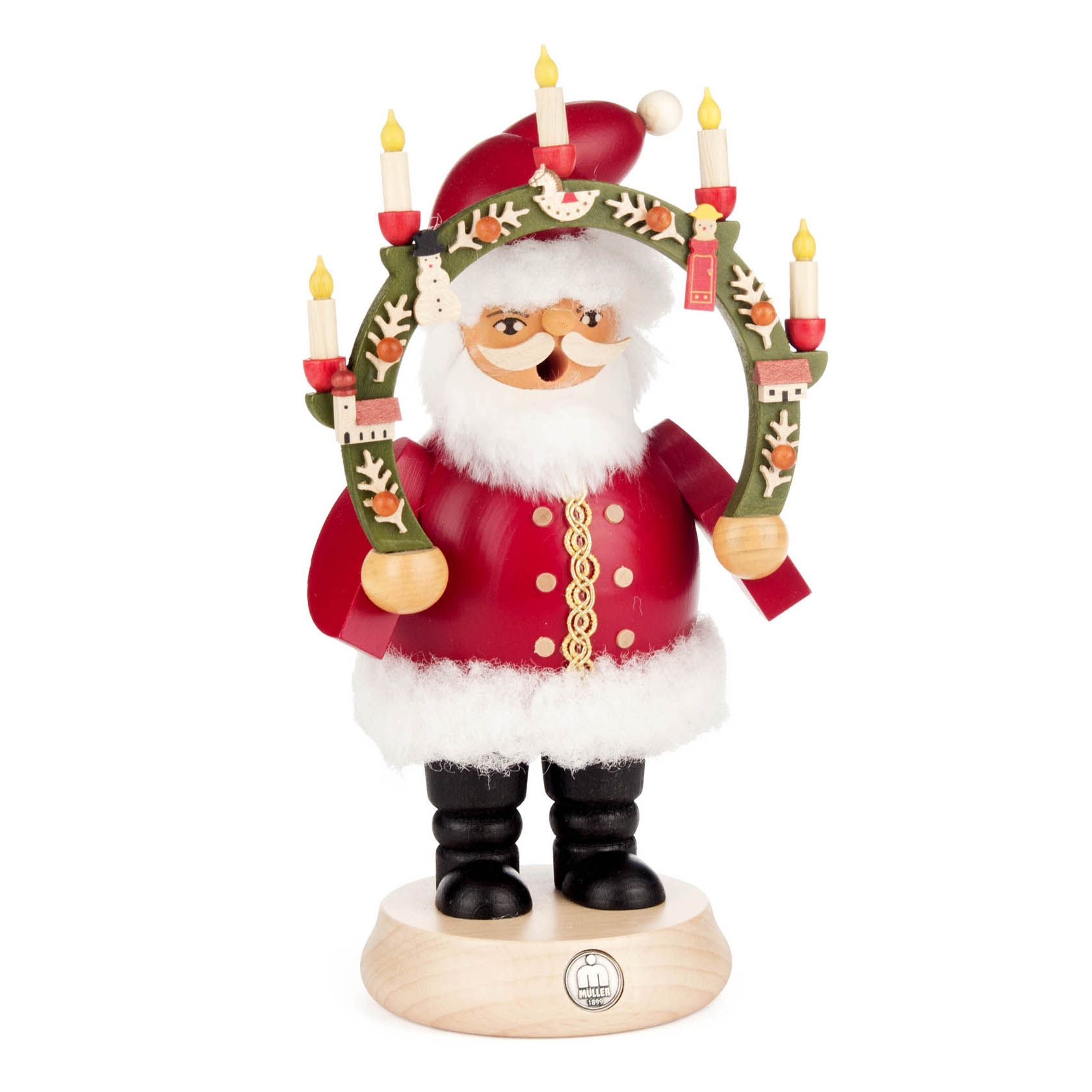 Ein traditioneller Räuchermann in Form eines Weihnachtsmanns. Er trägt einen roten Mantel und einen Kerzenbogen mit brennenden Kerzen über dem Kopf. im Dregeno Online Shop günstig kaufen