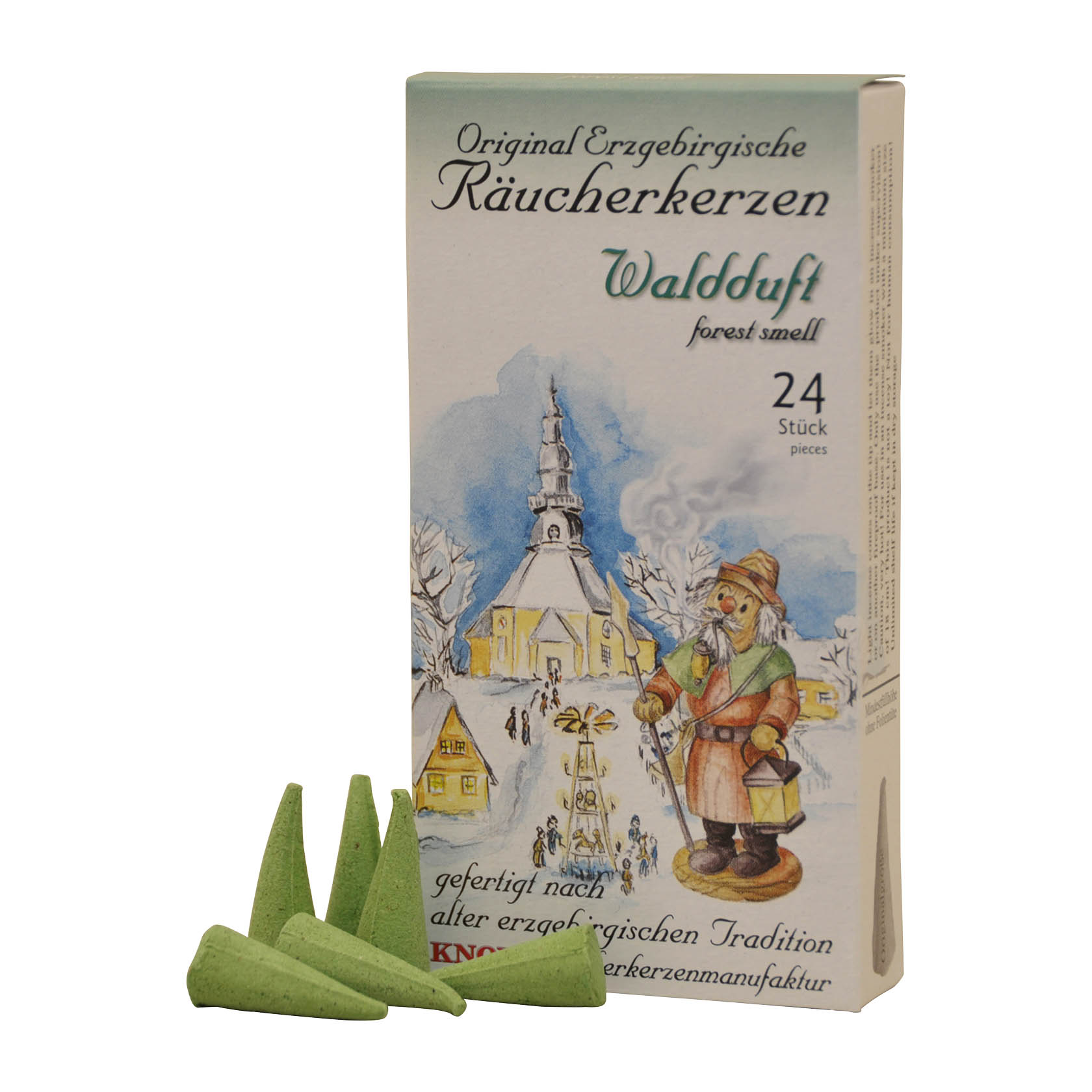 Verpackung von KNOX Räucherkerzen mit Waldduft mit Zeichnung eines winterlichen Dorfes und drei aufgestellten grünen Räucherkerzen. im Dregeno Online Shop günstig kaufen