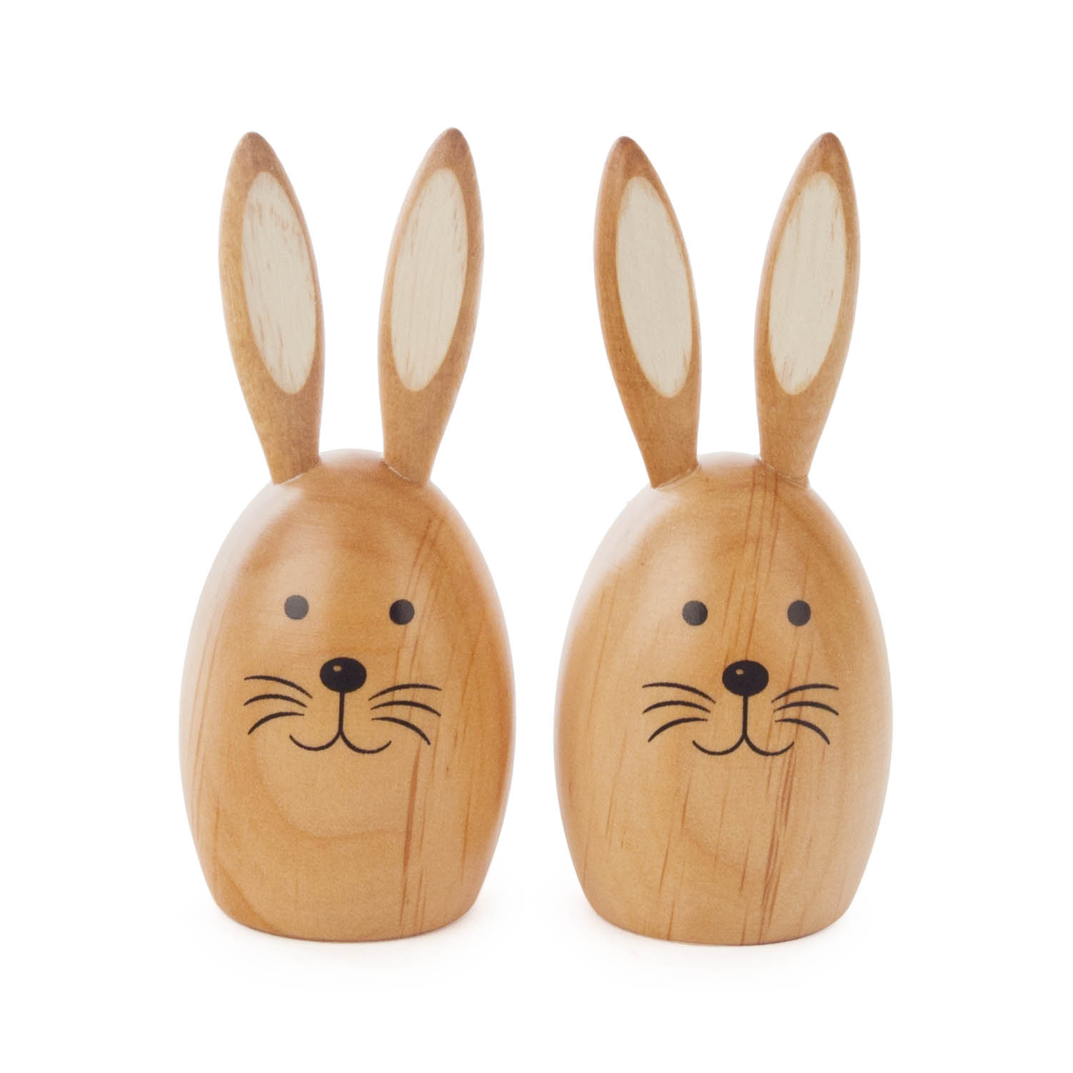 Zwei holzgeschnitzte Hasenköpfe nebeneinander mit aufgemalten Gesichtern und langen Ohren. im Dregeno Online Shop günstig kaufen