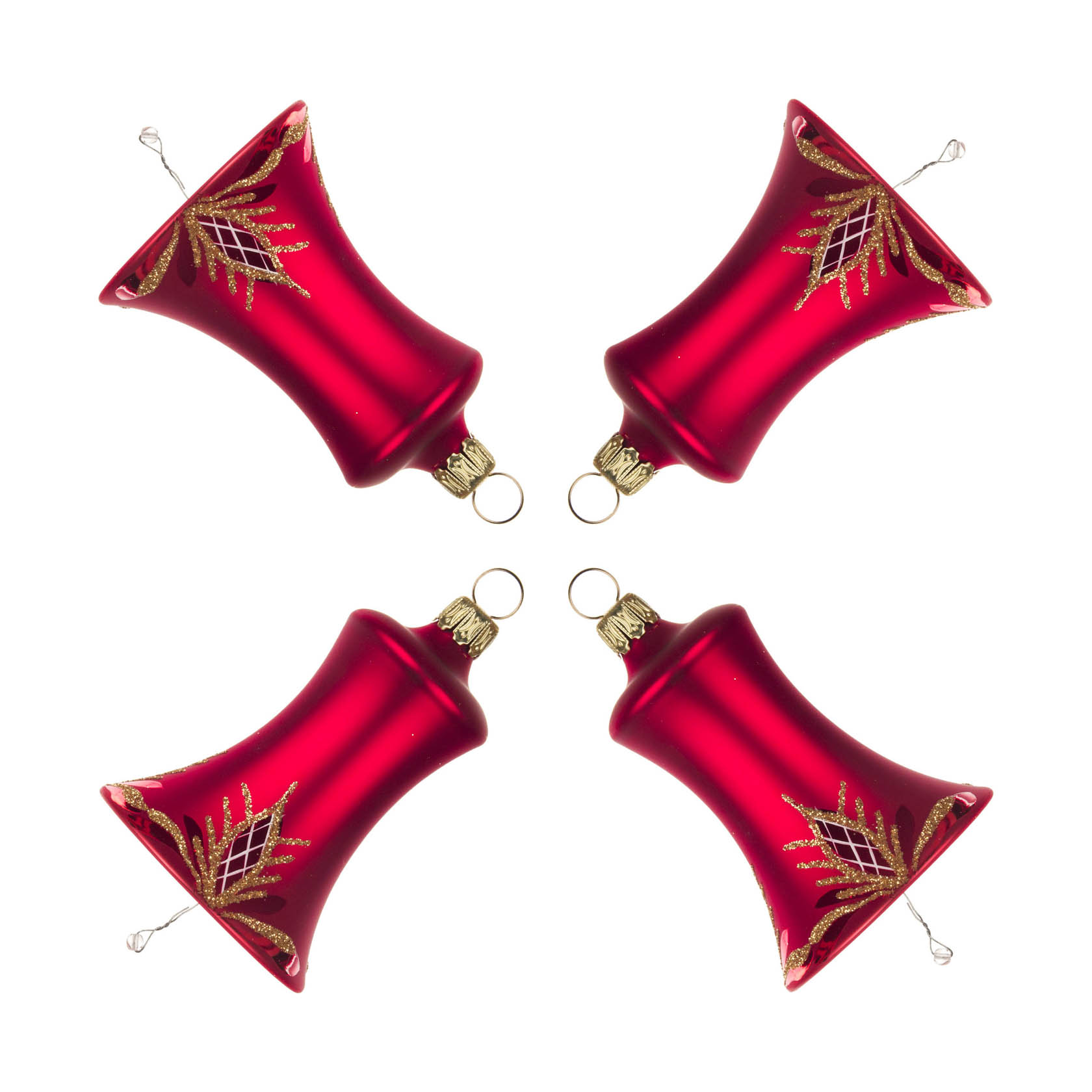 Vier rote, matte Glocken-Christbaumkugeln mit Waffelmuster und dekorativen goldenen Mustern, symmetrisch angeordnet. im Dregeno Online Shop günstig kaufen