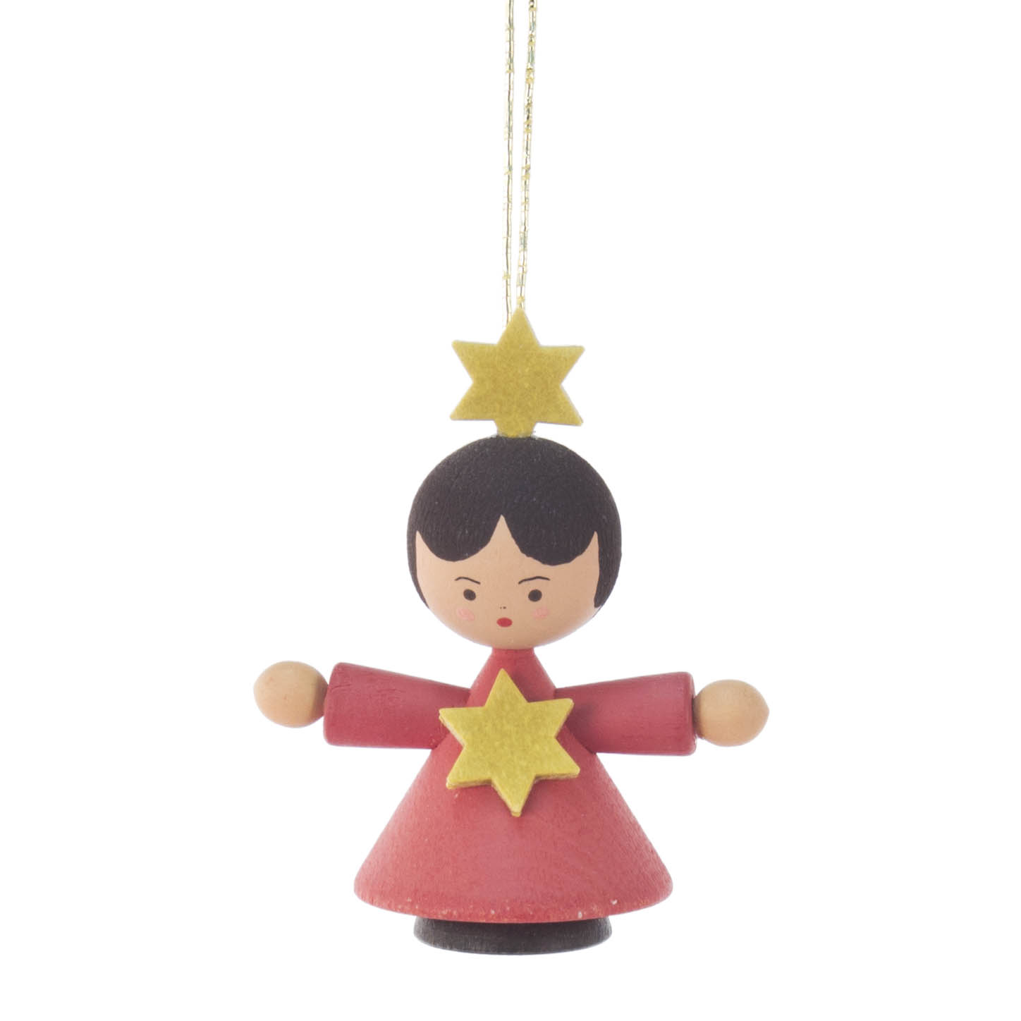 A small wooden ornament of a figure with a round head, arms spread, wearing a red dress with a star on the chest, and another star on the head. im Dregeno Online Shop günstig kaufen