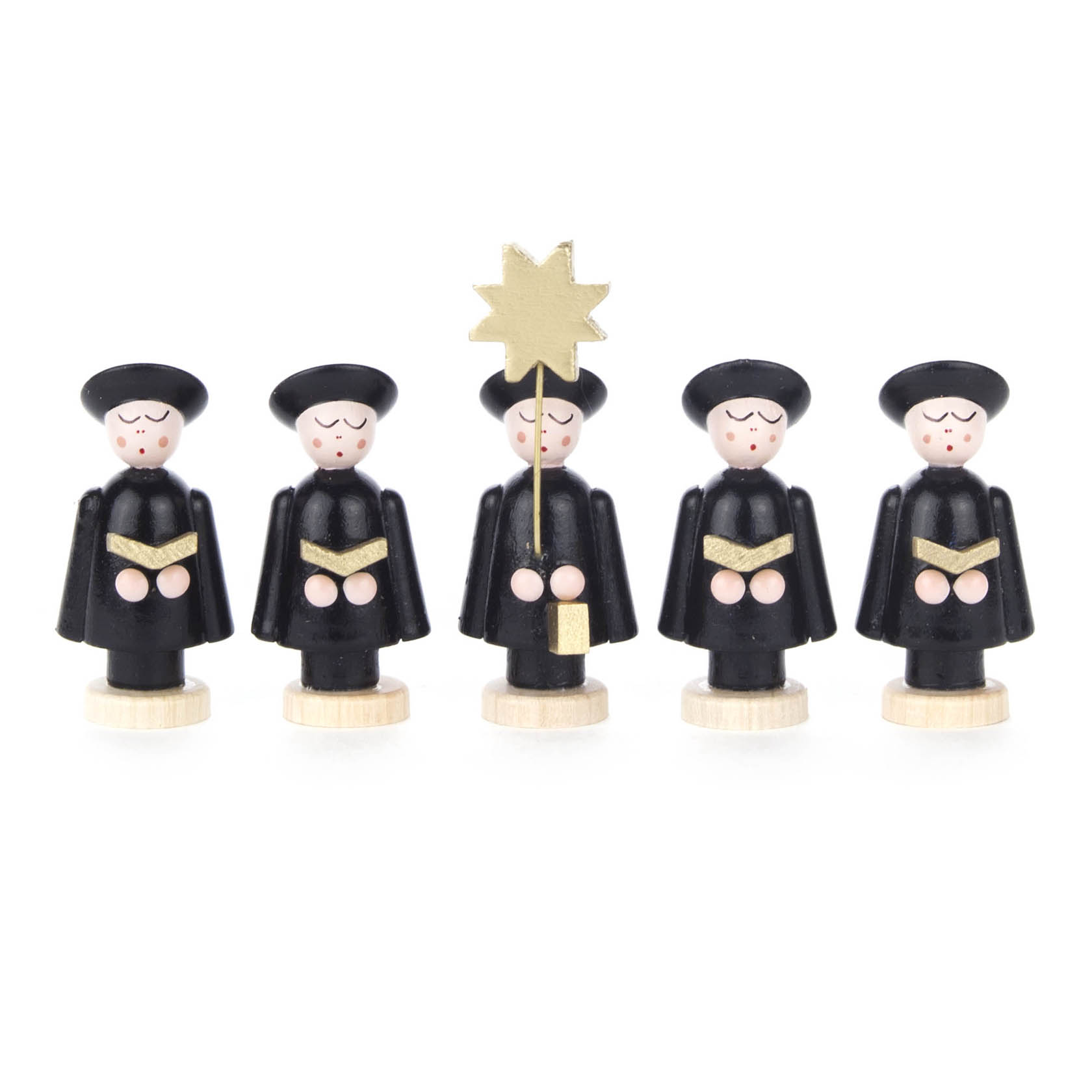 Fünf schwarze Kurrendefiguren, alle in traditionellen Choroutfits mit Liedbüchern, eine Figur hält einen goldenen Stern. im Dregeno Online Shop günstig kaufen