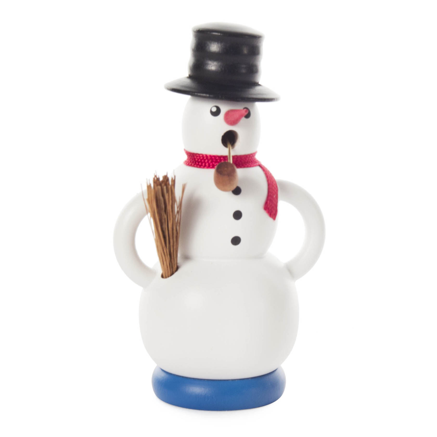 Ein weißer Räuchermann in Form eines Schneemanns mit schwarzen Hut, rotem Schal und einem Besen in der Hand. im Dregeno Online Shop günstig kaufen