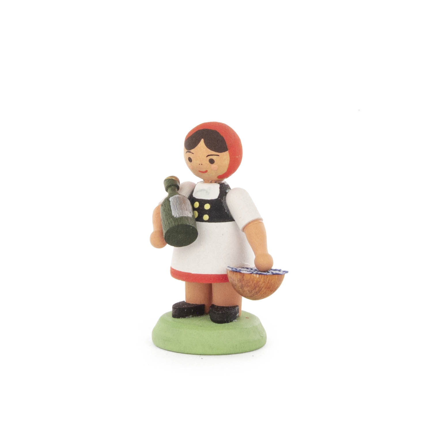 Holzfigur von Rotkäppchen mit rotem Umhang, einem Korb in der rechten Hand und einer Flasche in der linken Hand auf einem grünen Sockel. im Dregeno Online Shop günstig kaufen