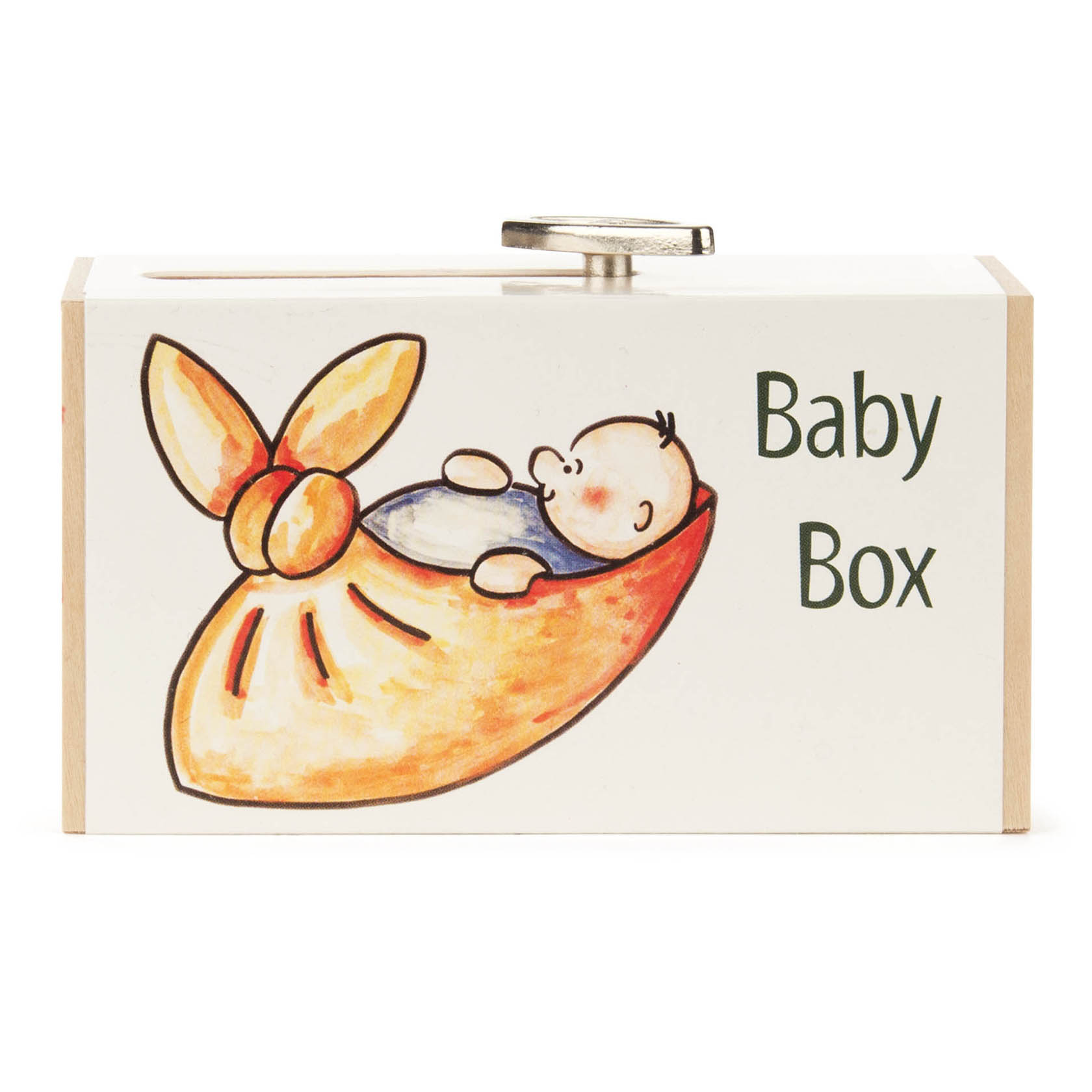 Holz-Schiebebox mit der Aufschrift 'Baby Box' und einem Bild eines Babys in einem orangefarbenen Tuch mit Flügeln.