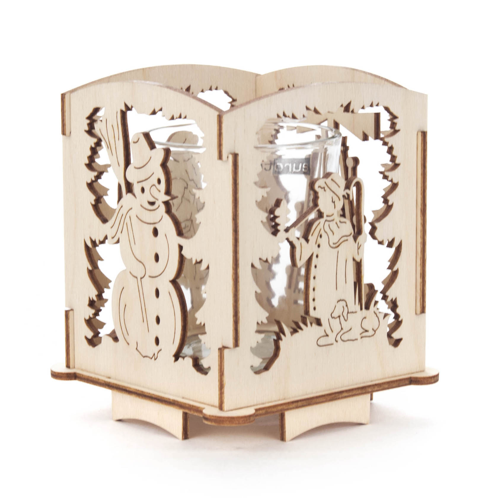 Wooden tealight holder with Christmas theme, featuring a carved snowman and an angel with a lamb design.