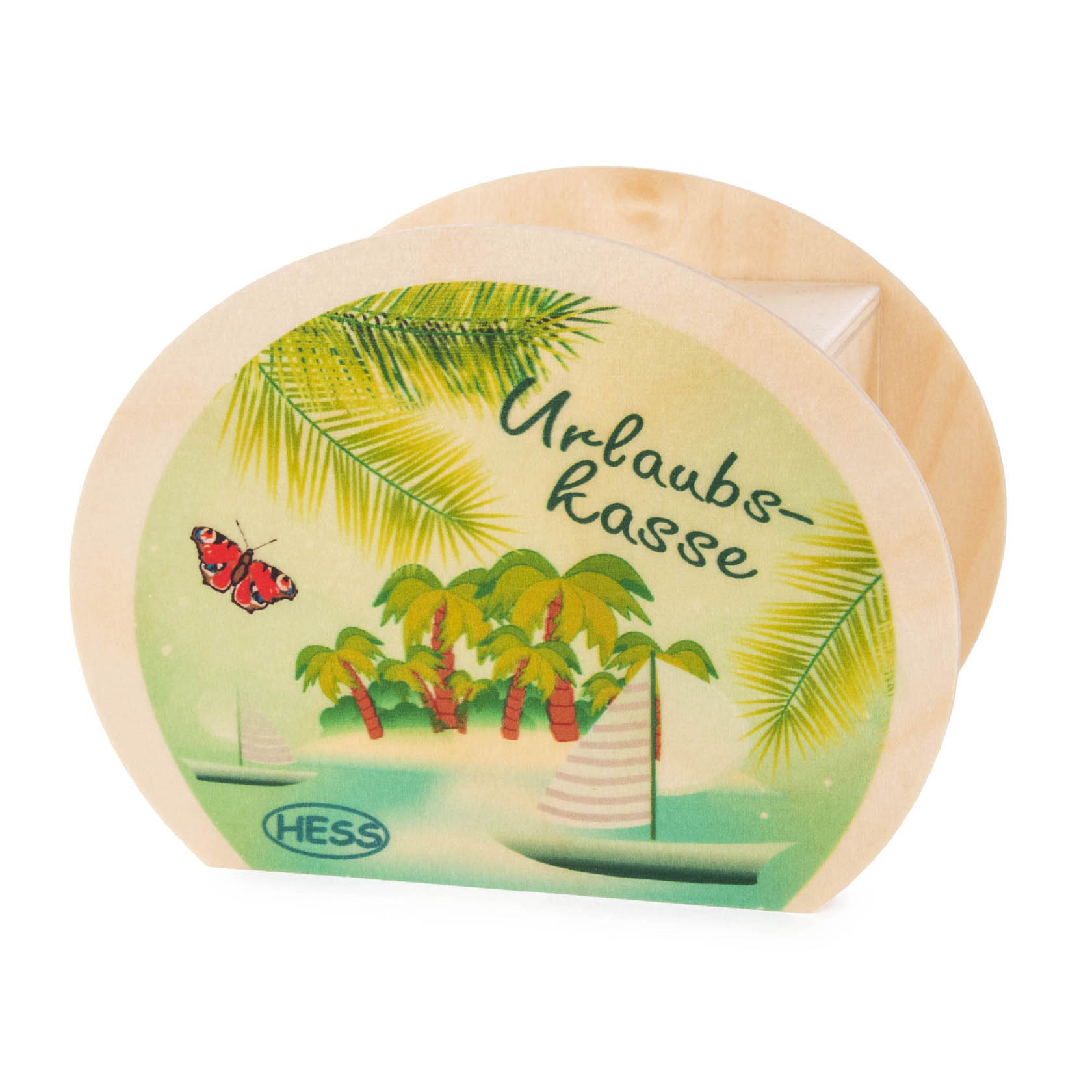 A wooden piggy bank with an oval shape, depicting a tropical scene with palm trees, sailboats, a butterfly, and the word 'Urlaubskasse'.
