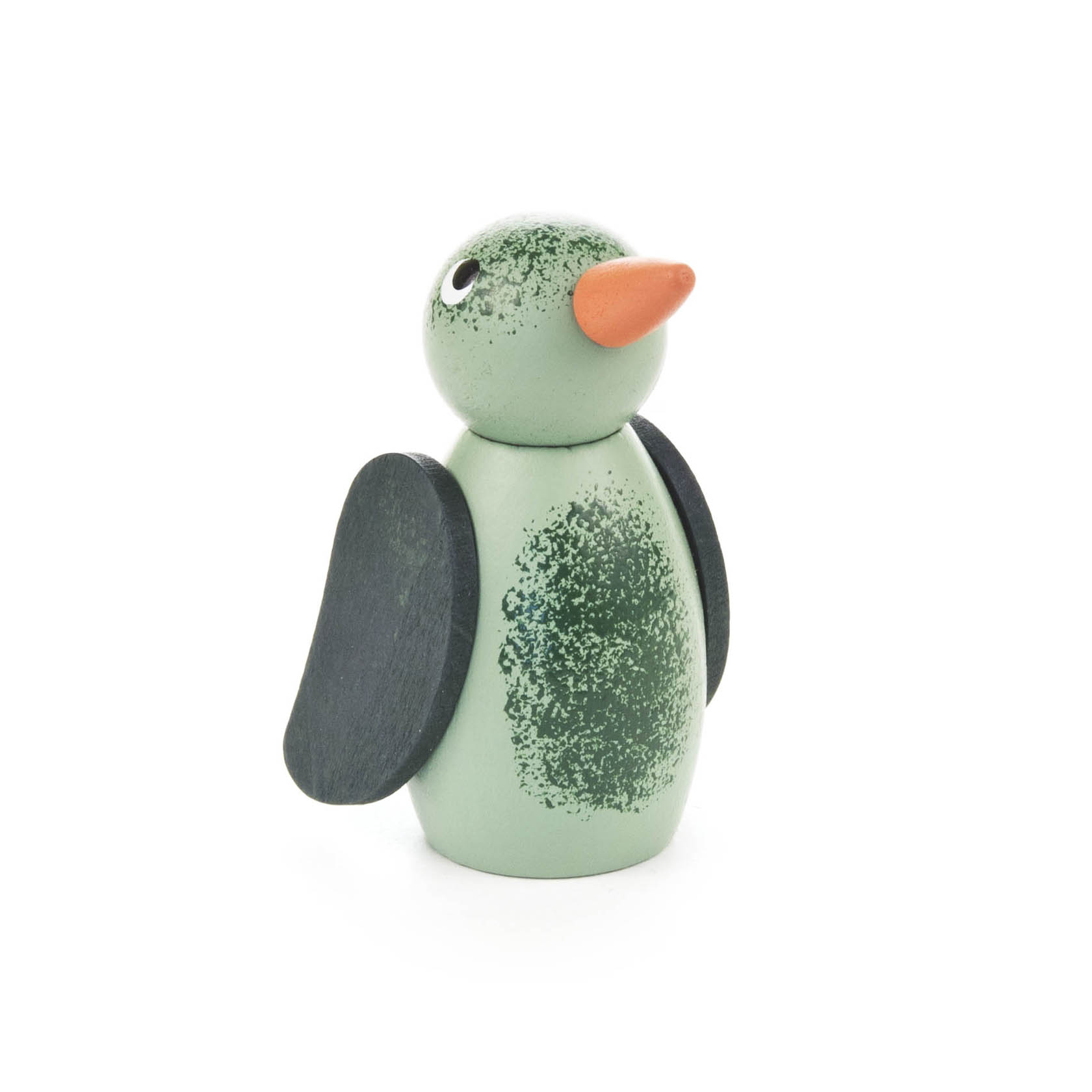 Ein kleiner, grüner Holzvogel mit schwarzen Flügeln und einem orangefarbenen Schnabel. Der Vogel hat ein rundes, minimalistisches Design. im Dregeno Online Shop günstig kaufen