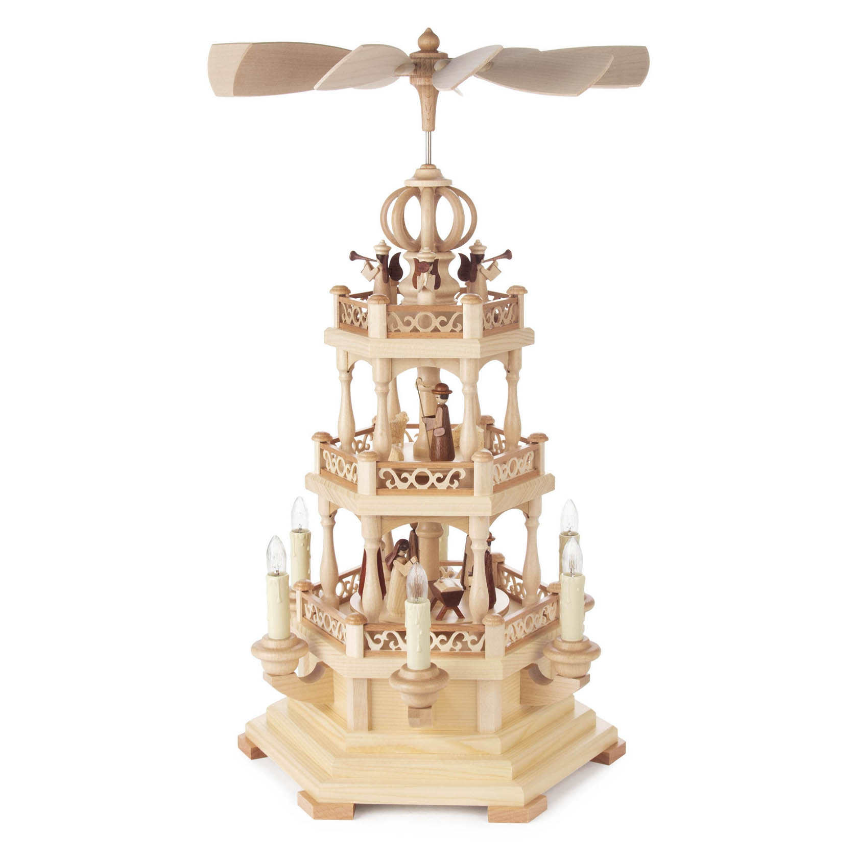 Zweistufige Weihnachtspyramide mit geschnitzten Figuren der Geburt Christi, elektrischer Beleuchtung und angetrieben von einem Rotor an der Spitze. im Dregeno Online Shop günstig kaufen