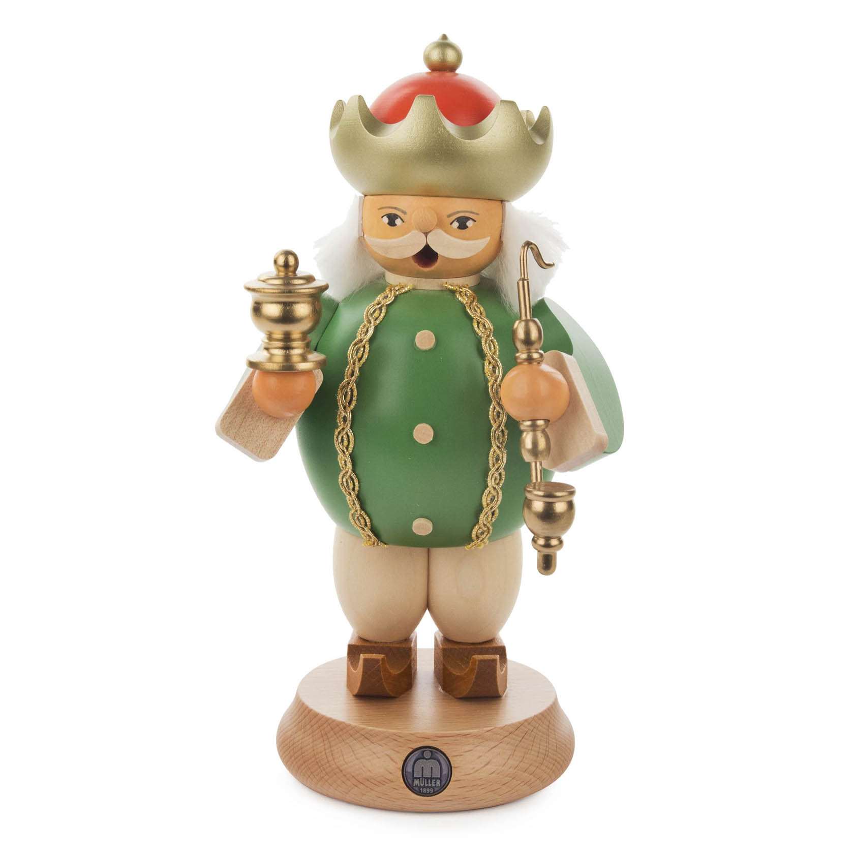 Holzfigur eines Räuchermanns mit Krone und grünem Mantel, in seiner rechten Hand hält er ein Weihrauchfass und in der linken ein Zepter. im Dregeno Online Shop günstig kaufen